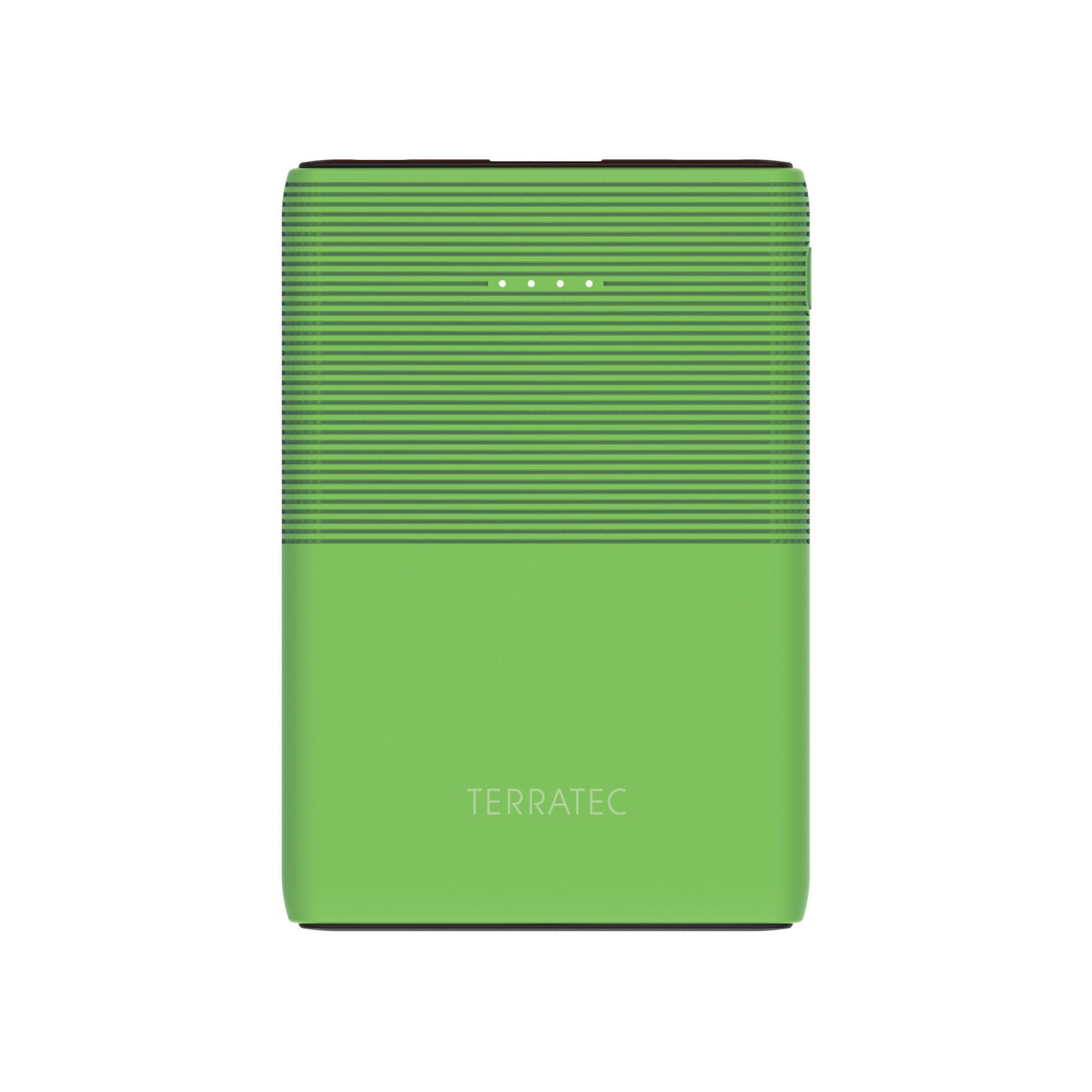 Un power bank Terratec verde con strisce orizzontali e un logo.