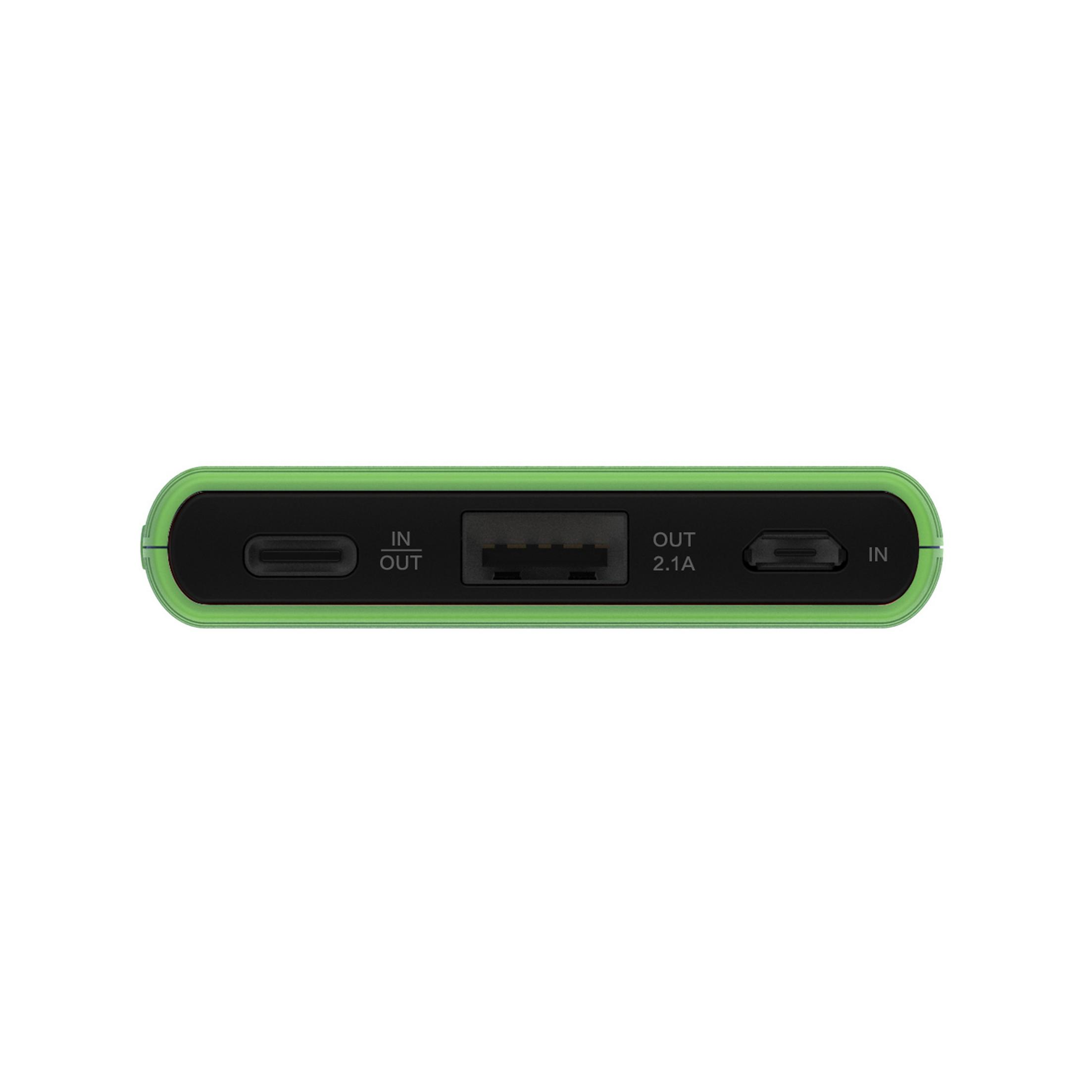 Power bank verde con porte IN/OUT e una porta USB-C.