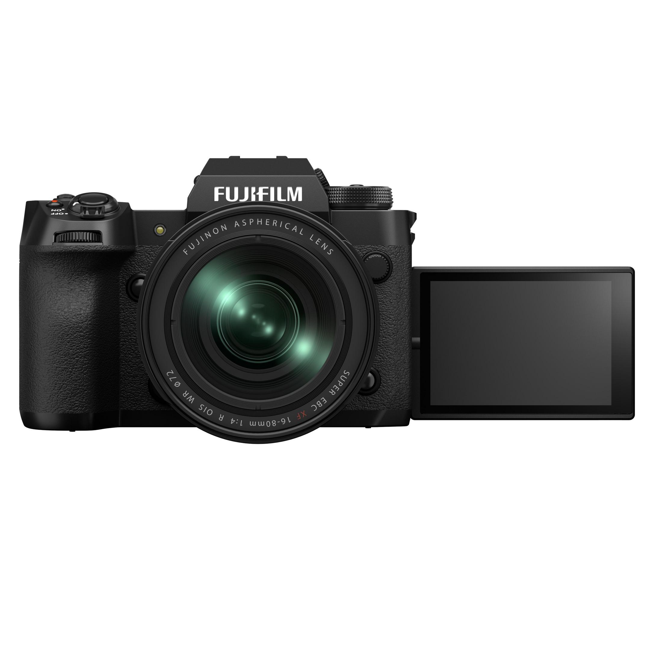 Schwarze Kamera mit Objektiv und offenem Bildschirm. Fujifilm X-Pro3-Modell, weißer Hintergrund.