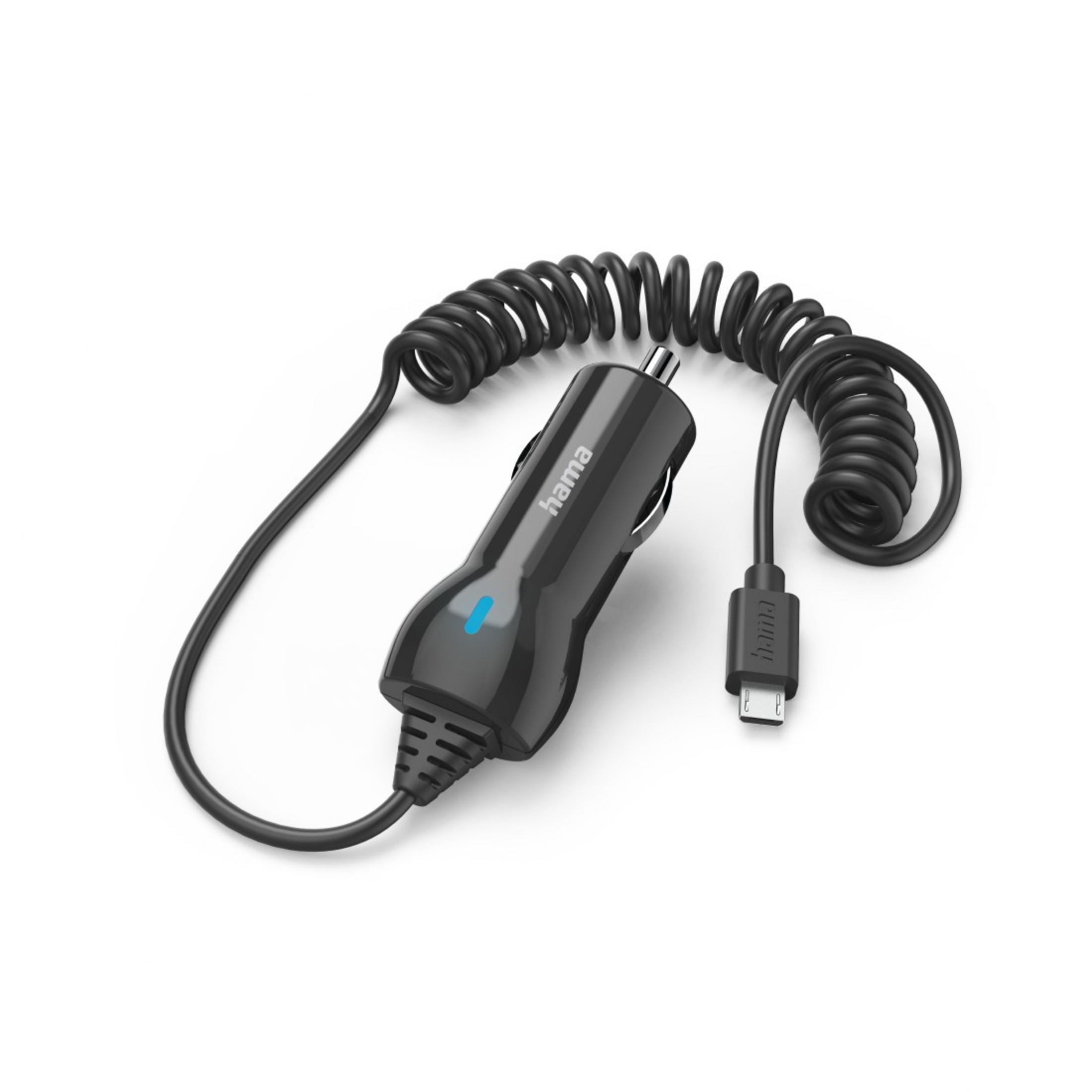 Schwarzes Hama-Autoladegerät mit Spiralkabel und USB-C-Anschluss auf weißem Hintergrund.