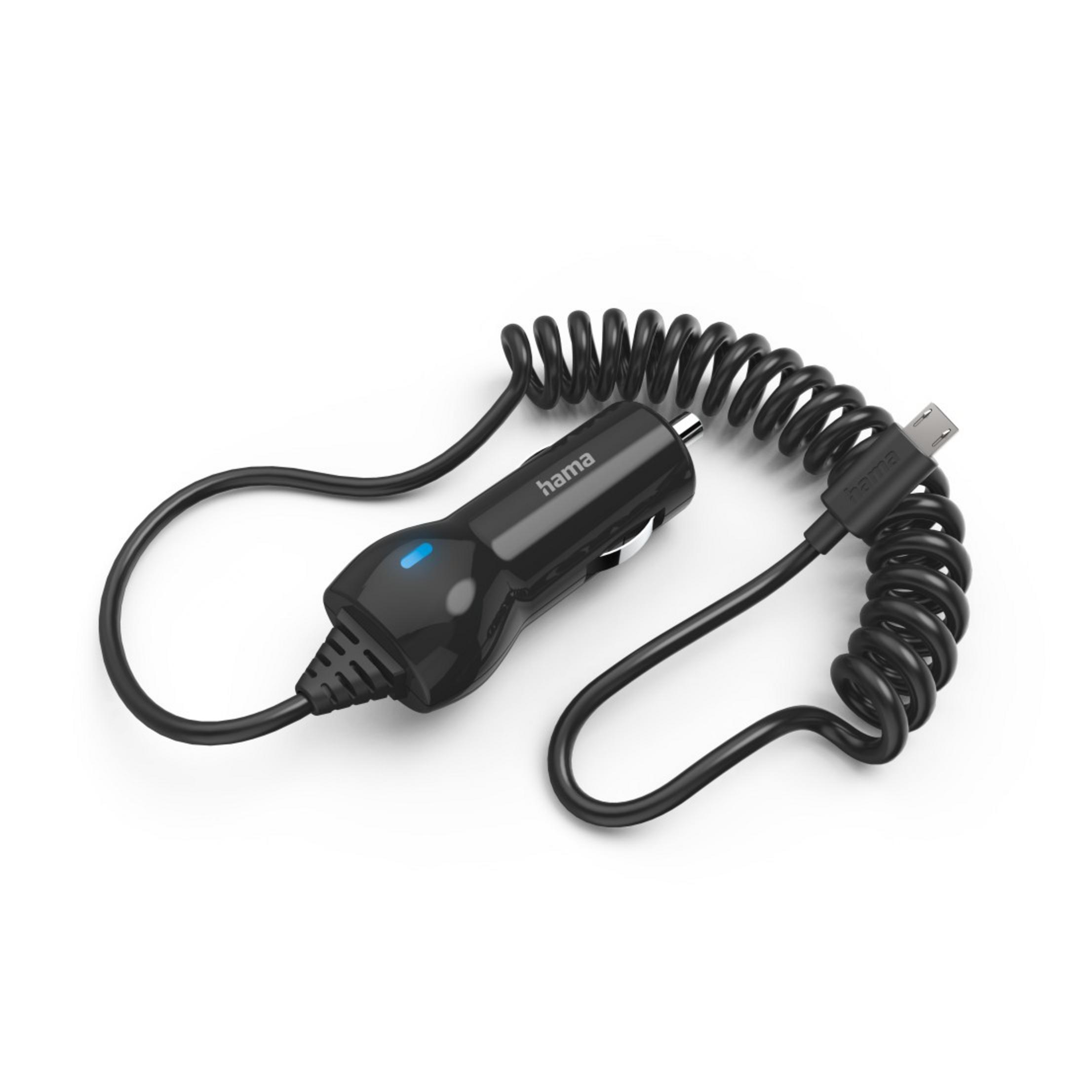 Ein schwarzes Autoladegerät mit Spiralkabel und angeschlossenem USB-Kabel.