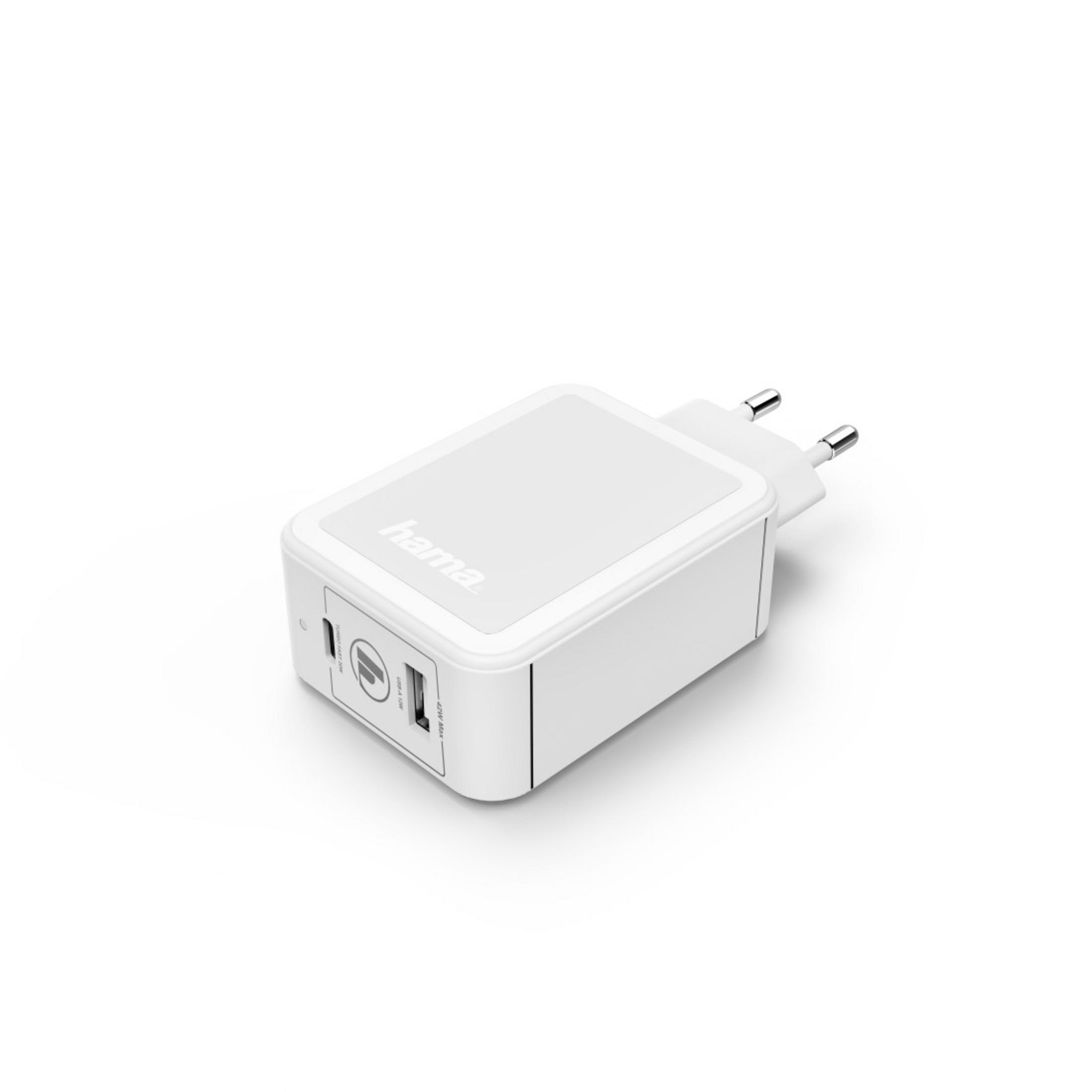 Weißes Hama-Ladegerät mit USB-Anschlüssen und Stecker.