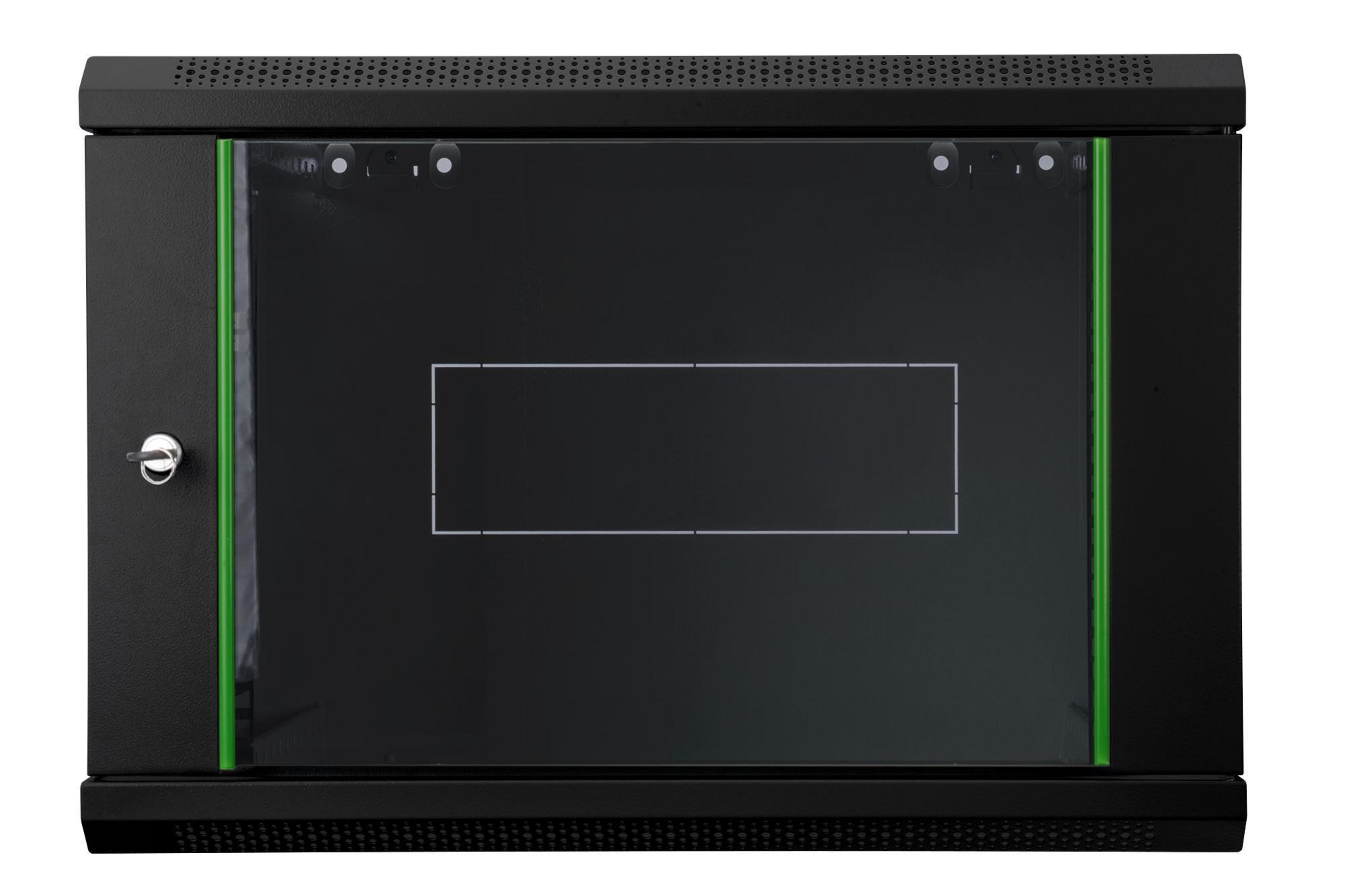 Schwarzes Netzwerk-Rack mit Glastür. Grüne Akzente an den Seiten. Schlüsselschloss links.