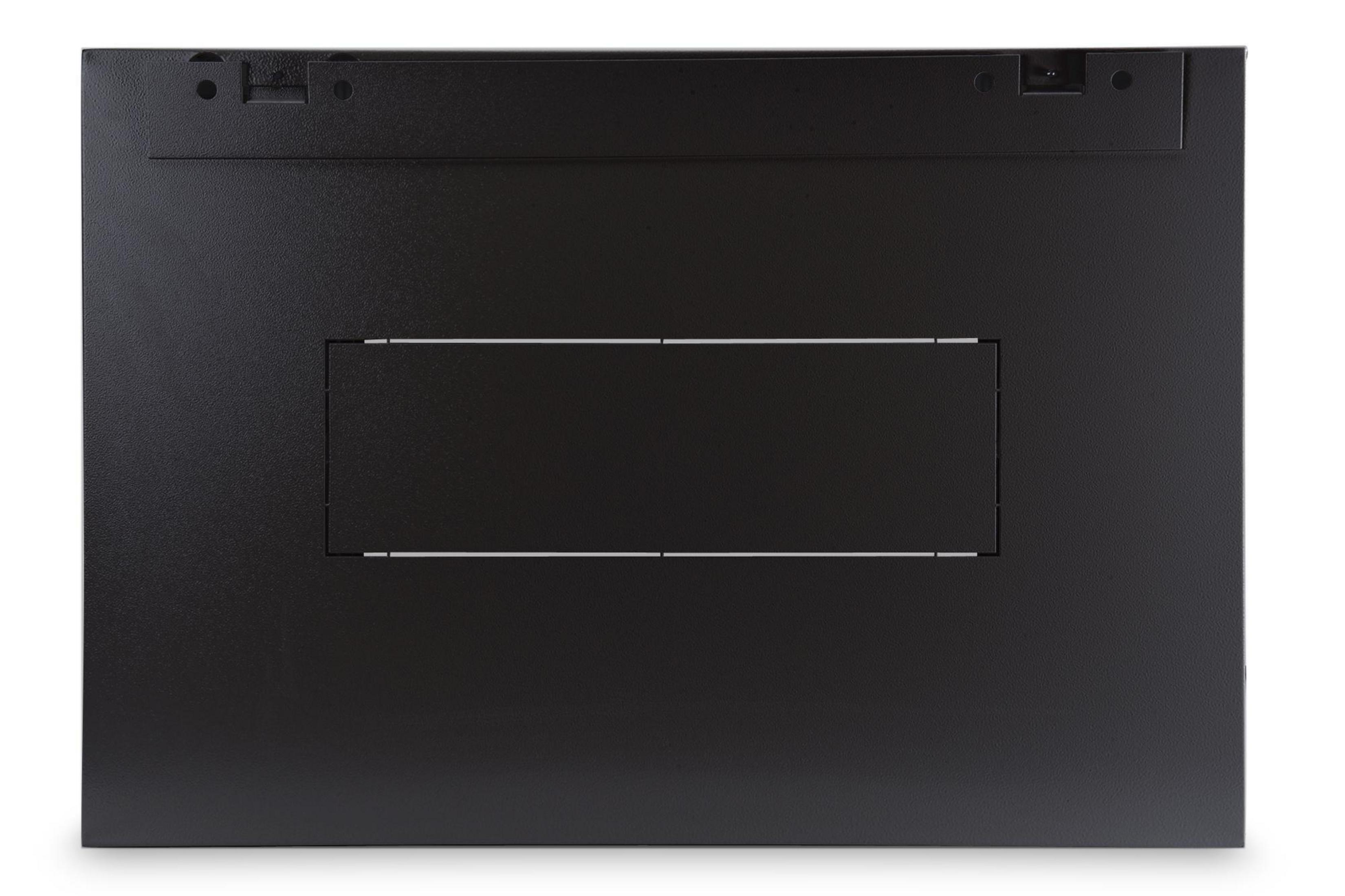 Schwarze Box mit rechteckiger Öffnung. Weißer Hintergrund. Draufsicht.