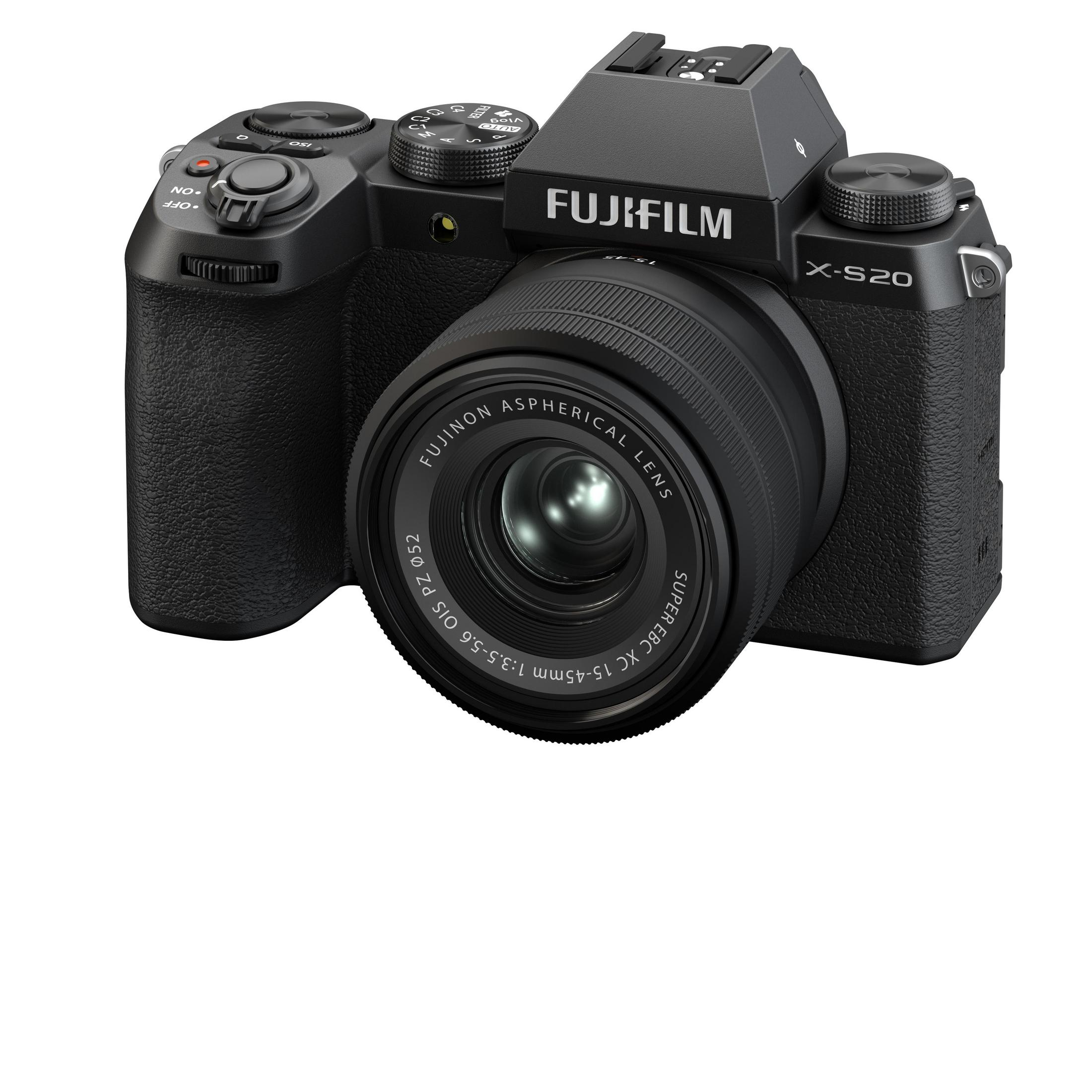 Fotocamera Fujifilm X-S20 nera con obiettivo, pulsanti e ghiere, su sfondo bianco.