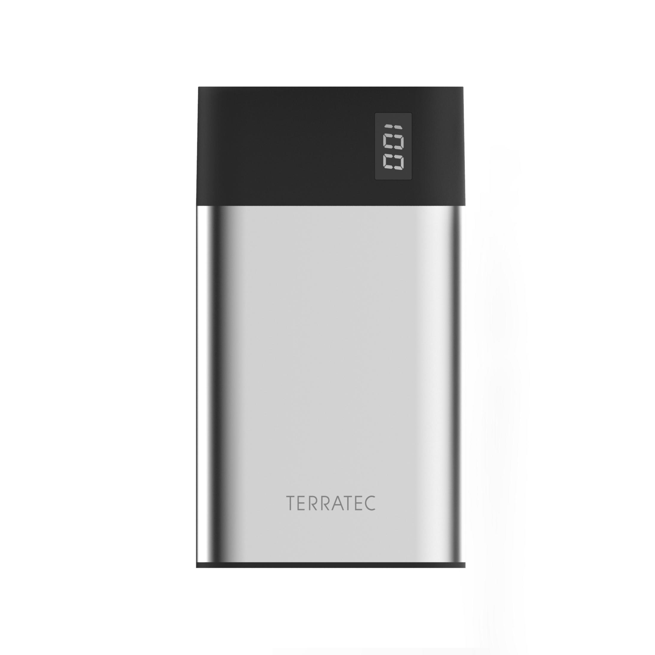 Silberne und schwarze Terratec Powerbank mit digitaler Anzeige.