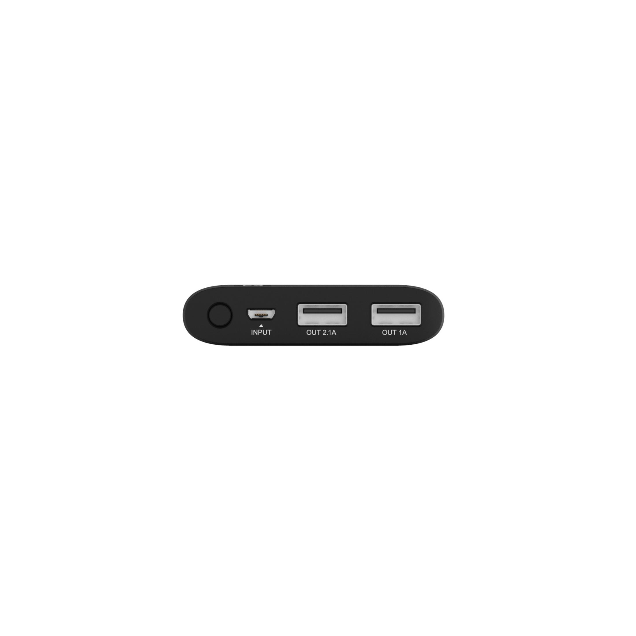 Schwarze Powerbank mit Eingangs- und Ausgangsanschlüssen. Weißer Hintergrund.