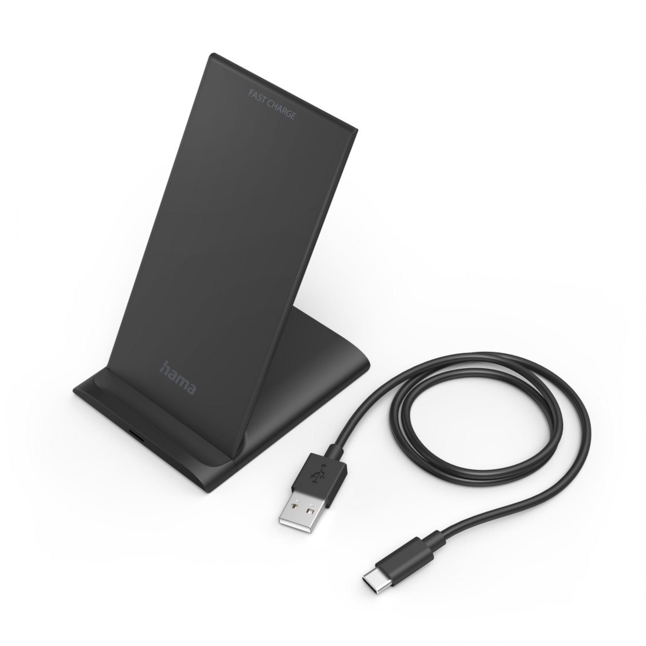 Schwarzer, kabelloser Ladeständer mit USB-Kabel auf weißer Oberfläche. Das Kabel ist aufgerollt.