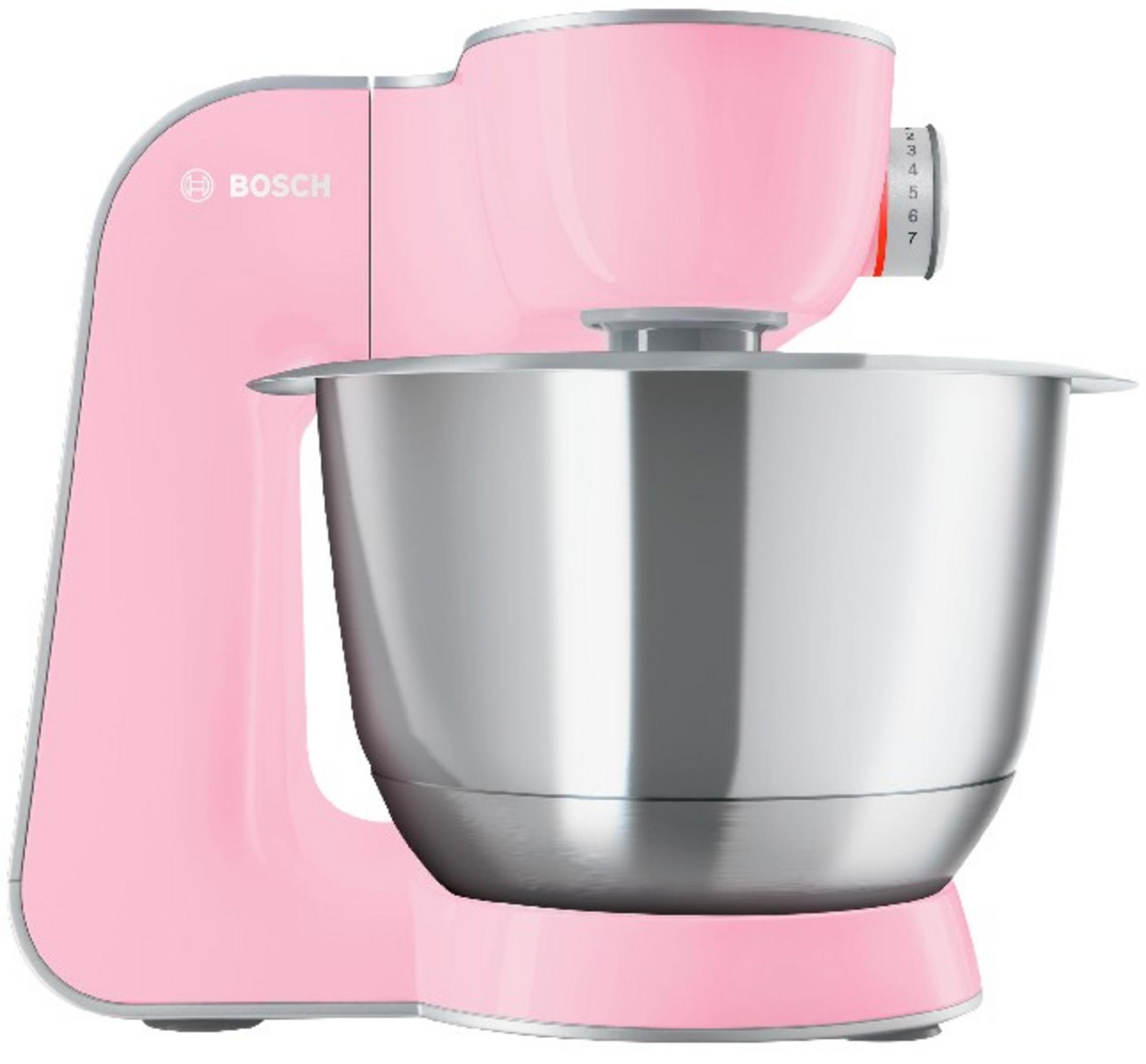 Pembe Bosch mutfak mikseri, paslanmaz çelik kase ve beyaz zemin.