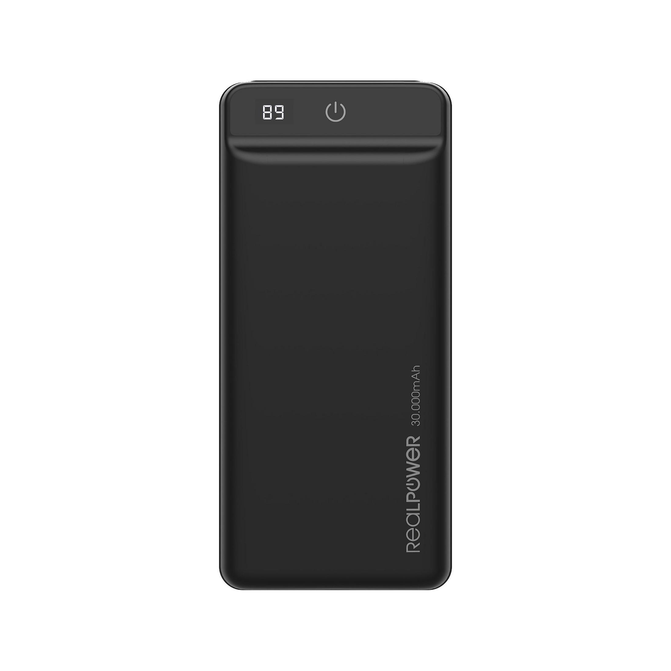 Schwarze Powerbank mit digitaler Anzeige.
