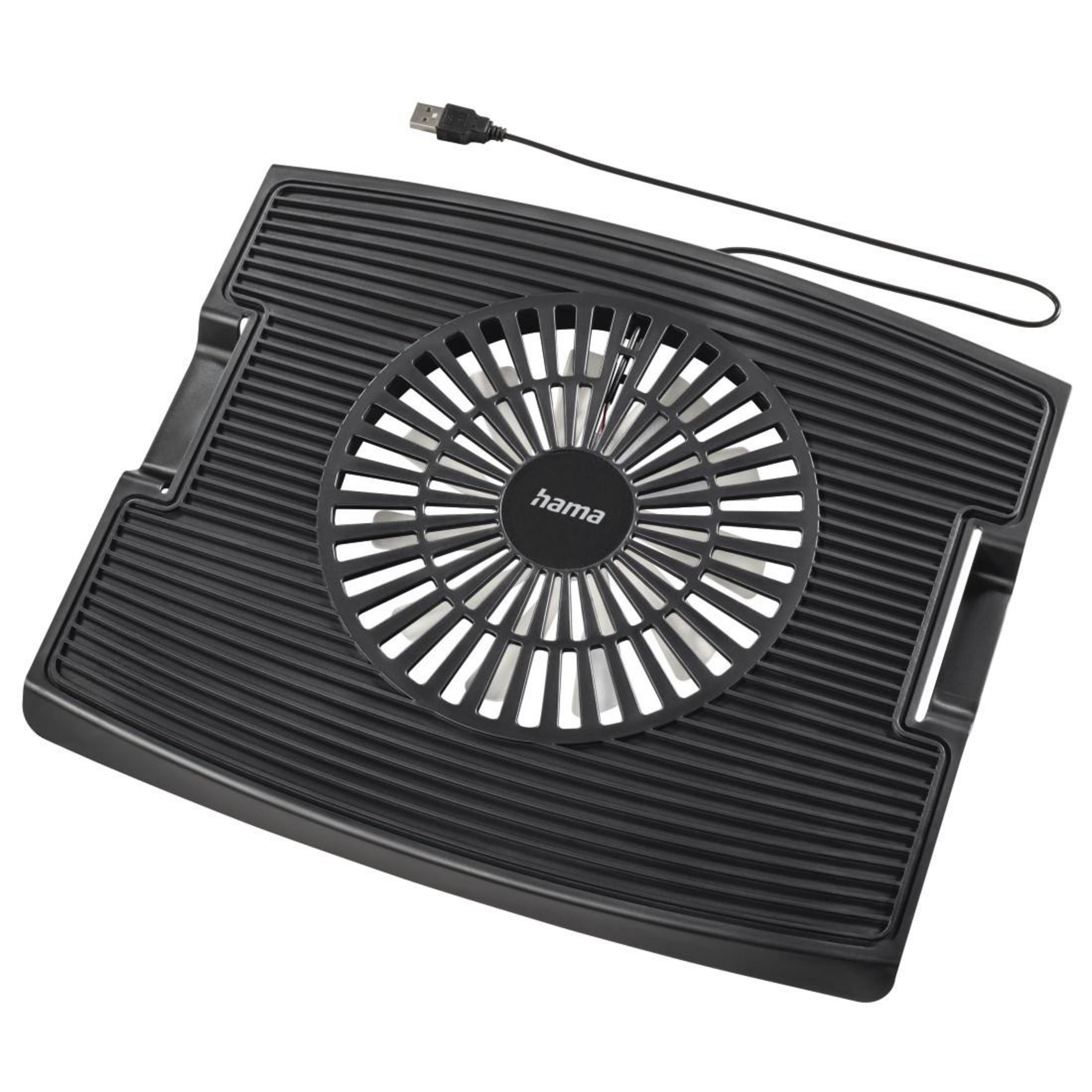 Schwarzer Laptop-Kühler mit Lüfter und USB-Kabel. Schwarzer Kunststoff.