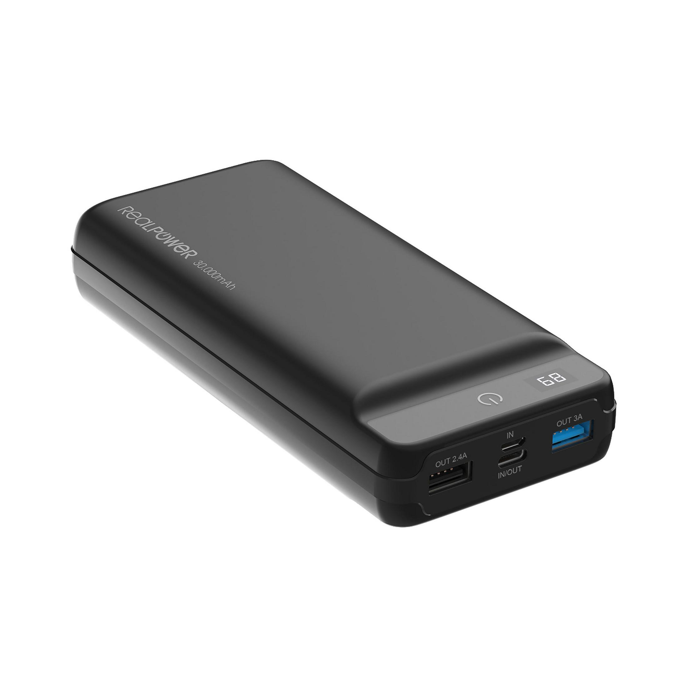 Schwarze Powerbank mit Anschlüssen, einem Power-Knopf und dem Text 'reolpower', auf weißem Hintergrund.
