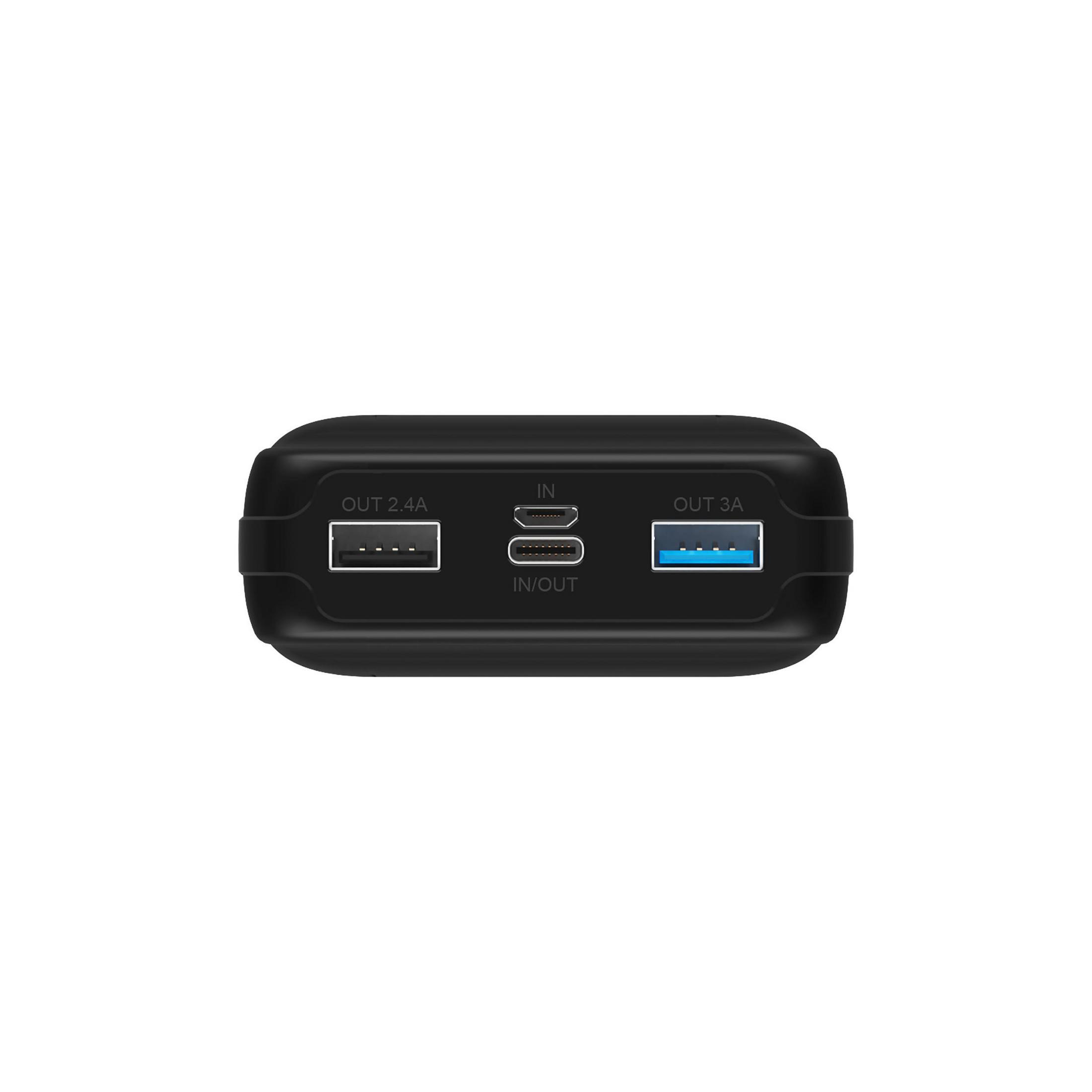 Schwarze Powerbank mit USB-Anschlüssen, beschriftet mit IN/OUT 2,4A und 3A.