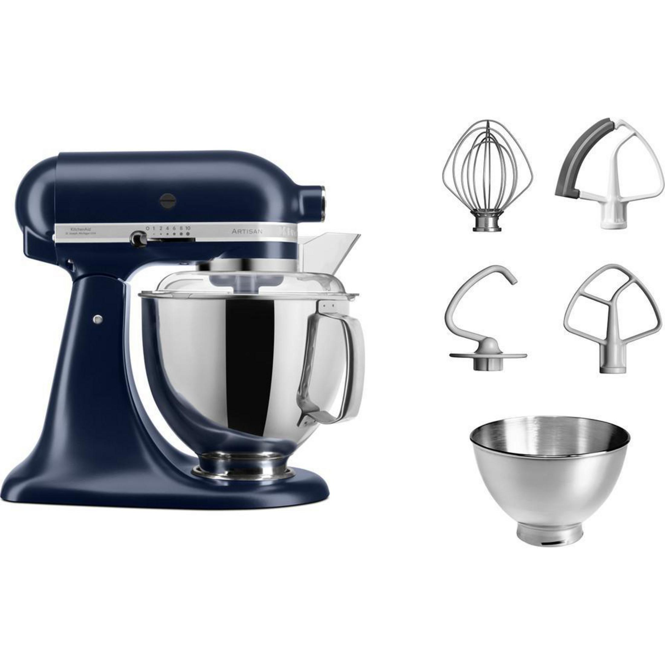 Ein blauer Küchenmixer mit Aufsätzen.