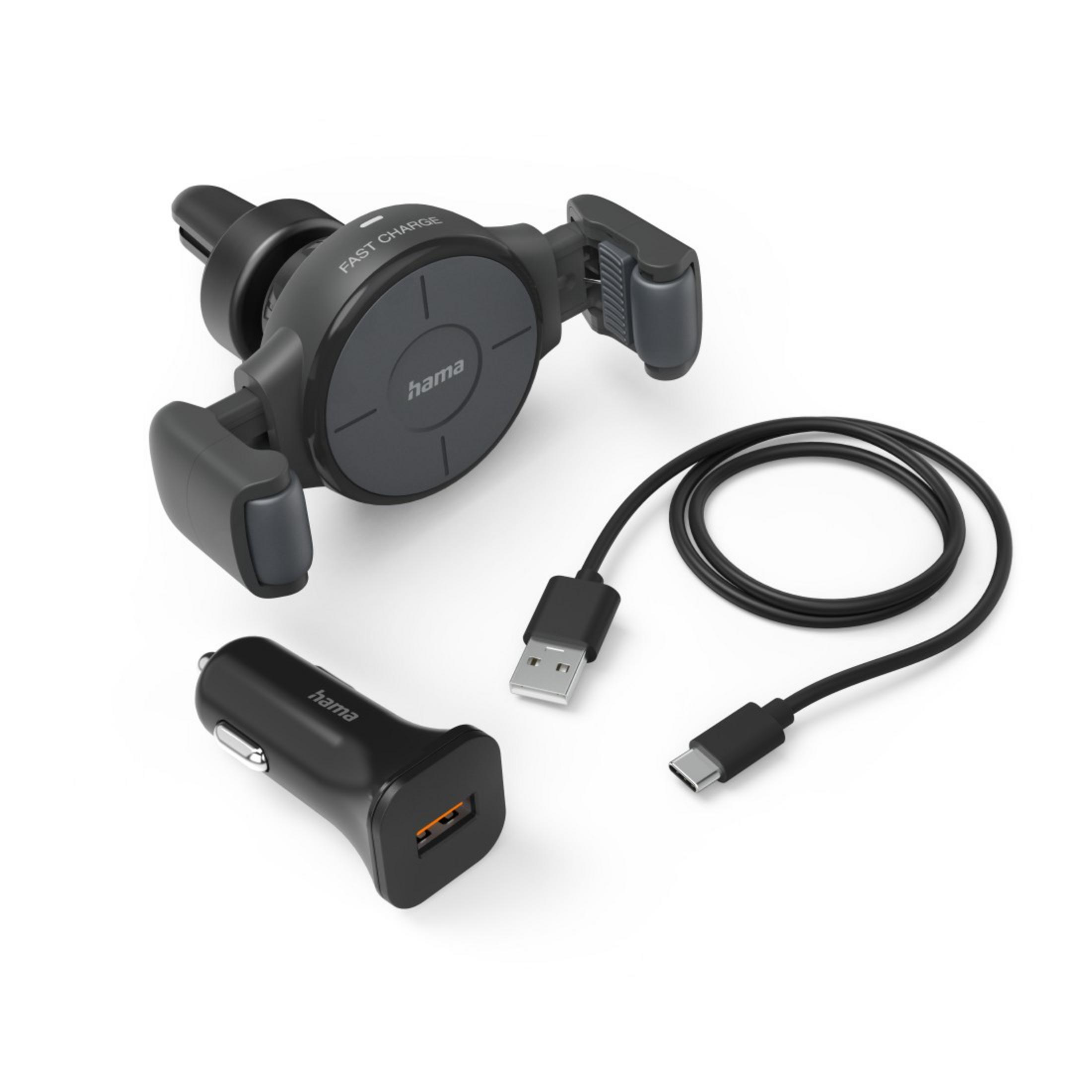 Schwarzes Autotelefon-Halter- und Ladegerät-Set. Enthält ein Ladegerät, Kabel und Telefonhalterung.