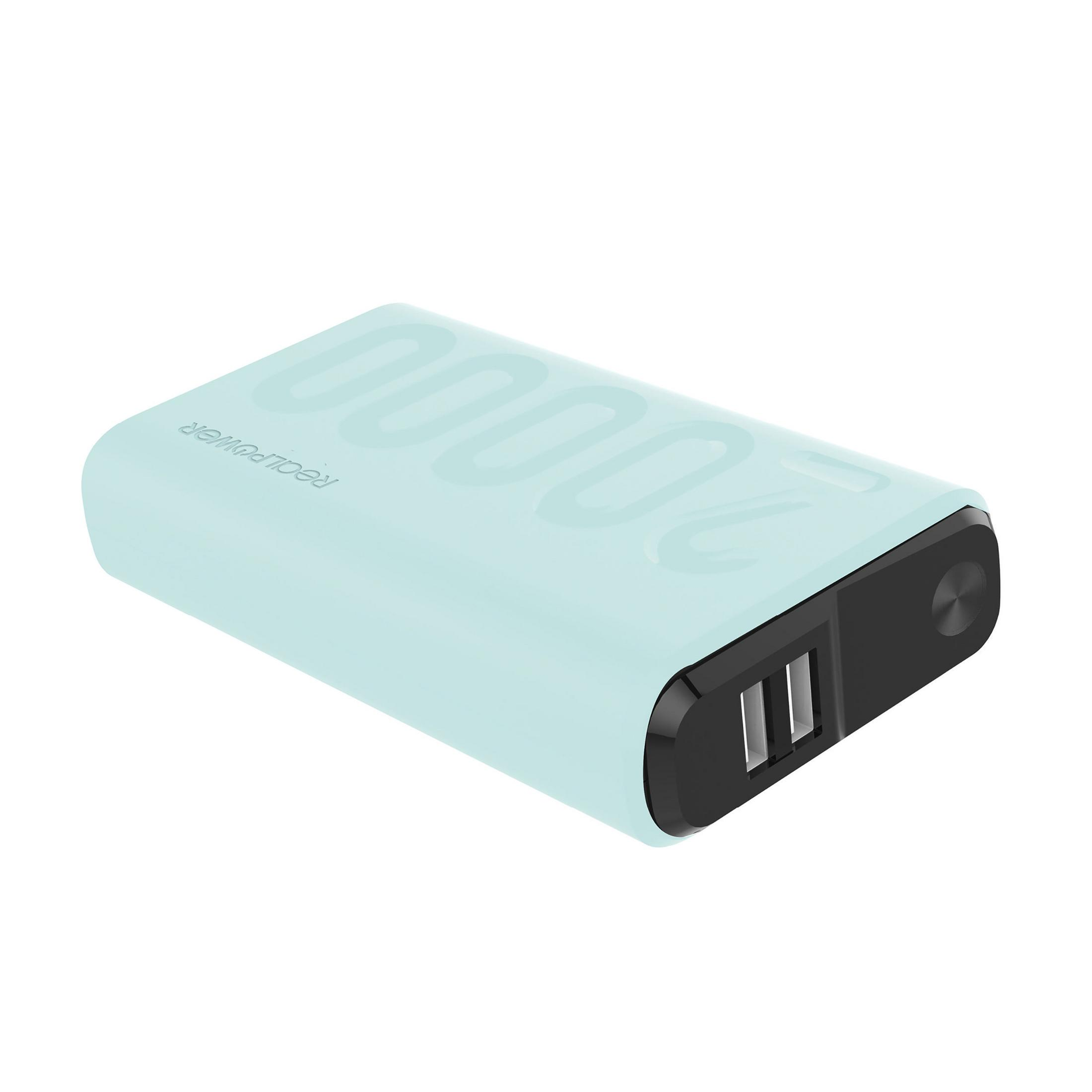 Un power bank azzurro con due porte USB e bordi neri.
