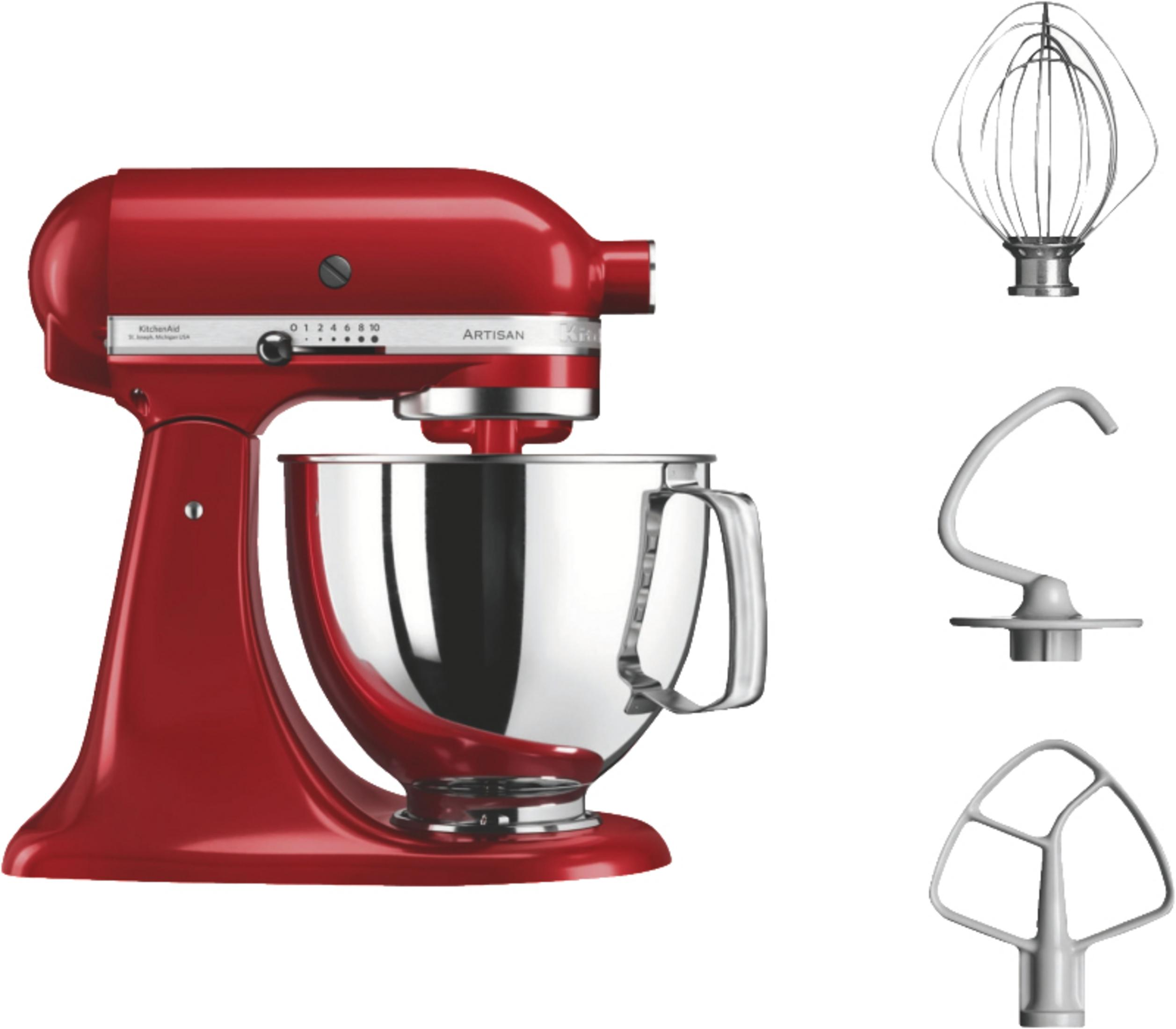 Roter KitchenAid Küchenmixer mit Aufsätzen auf weißem Hintergrund.