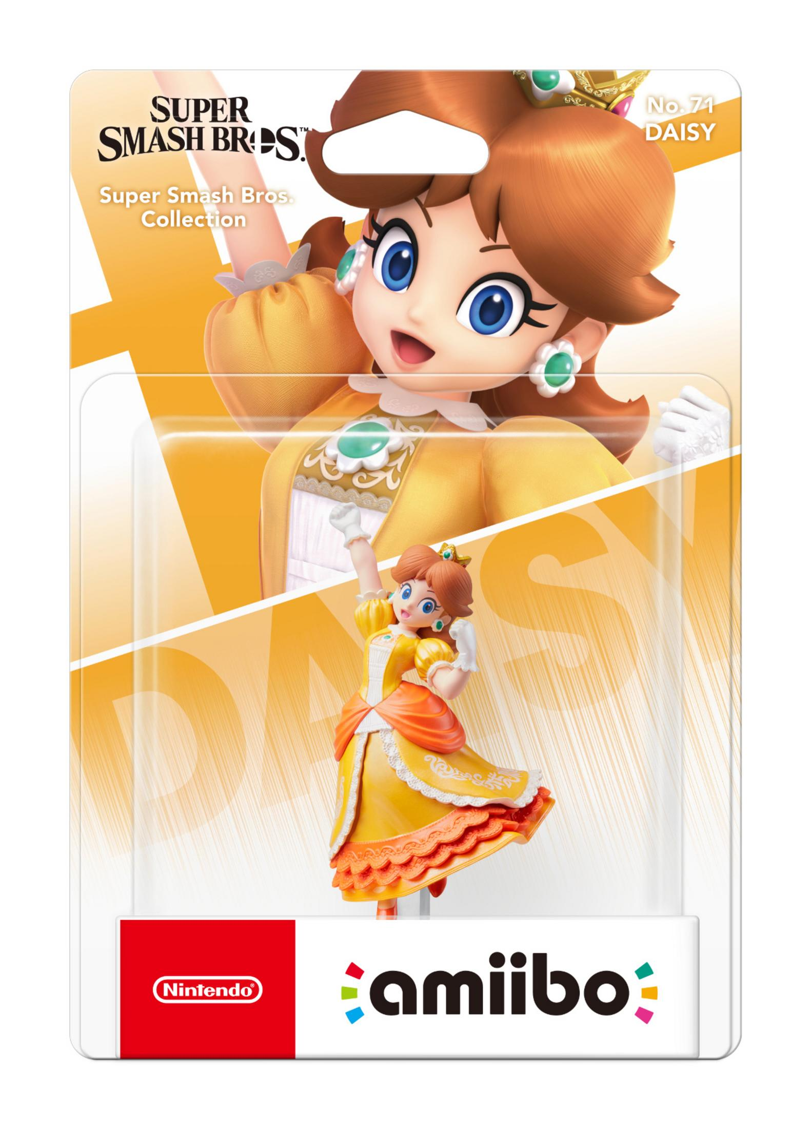 Daisy Amiibo-Figur in der Verpackung. Sie trägt ein gelbes Kleid mit Krone und weißem Handschuh.