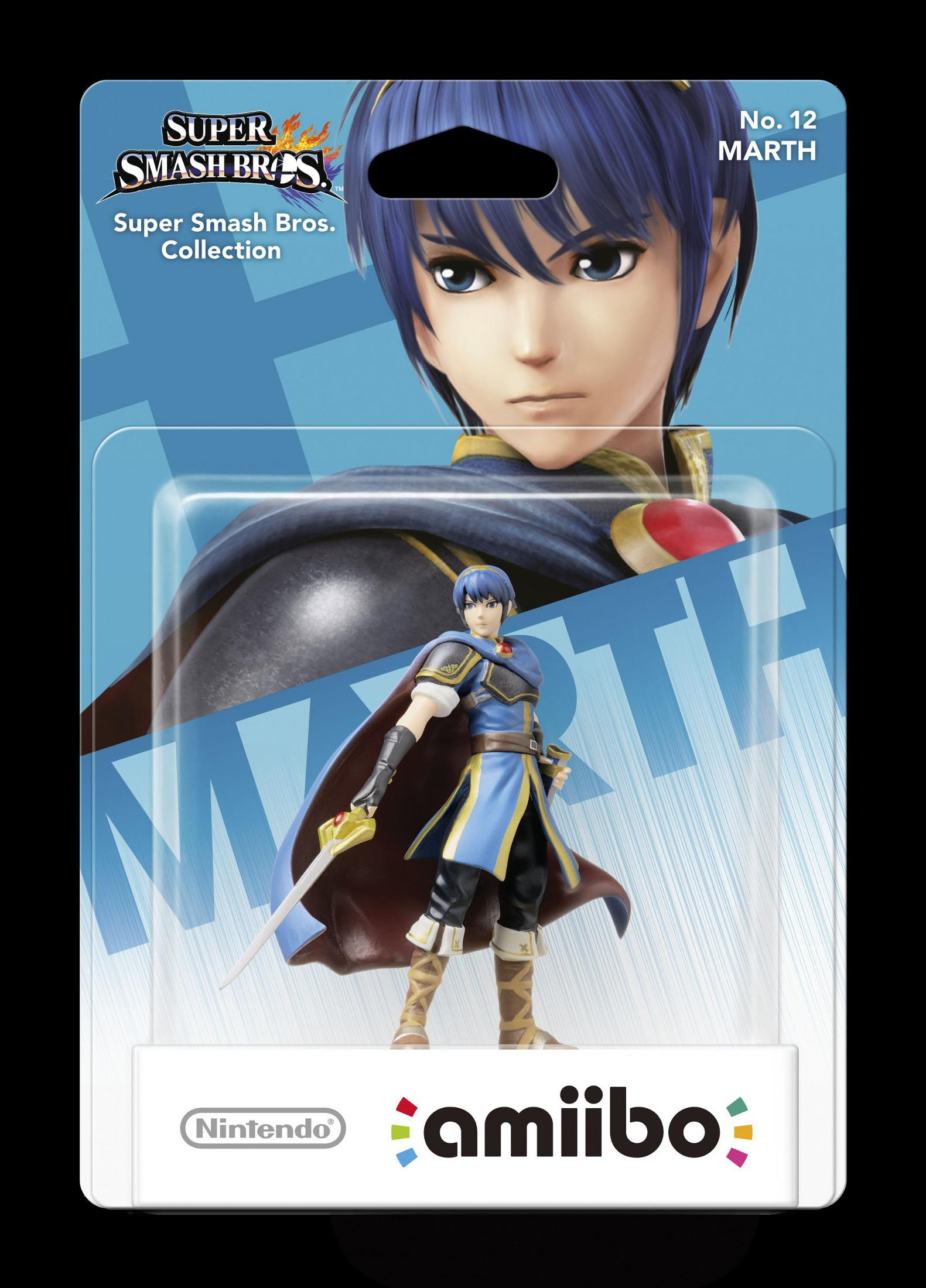 Marth Amiibo-Figur in Verpackung. Figur mit blauer und roter Rüstung, Schwert haltend.