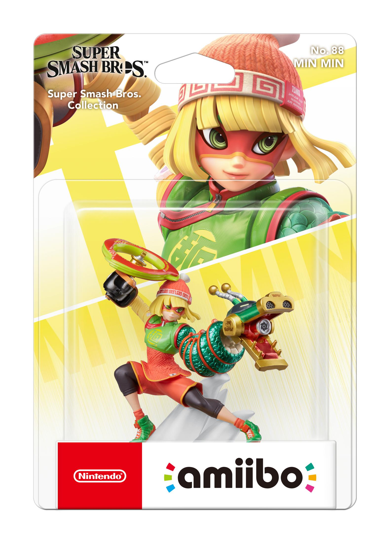 Amiibo-Figur von Min Min in Verpackung, Super Smash Bros. Collection, auf weißem Hintergrund.