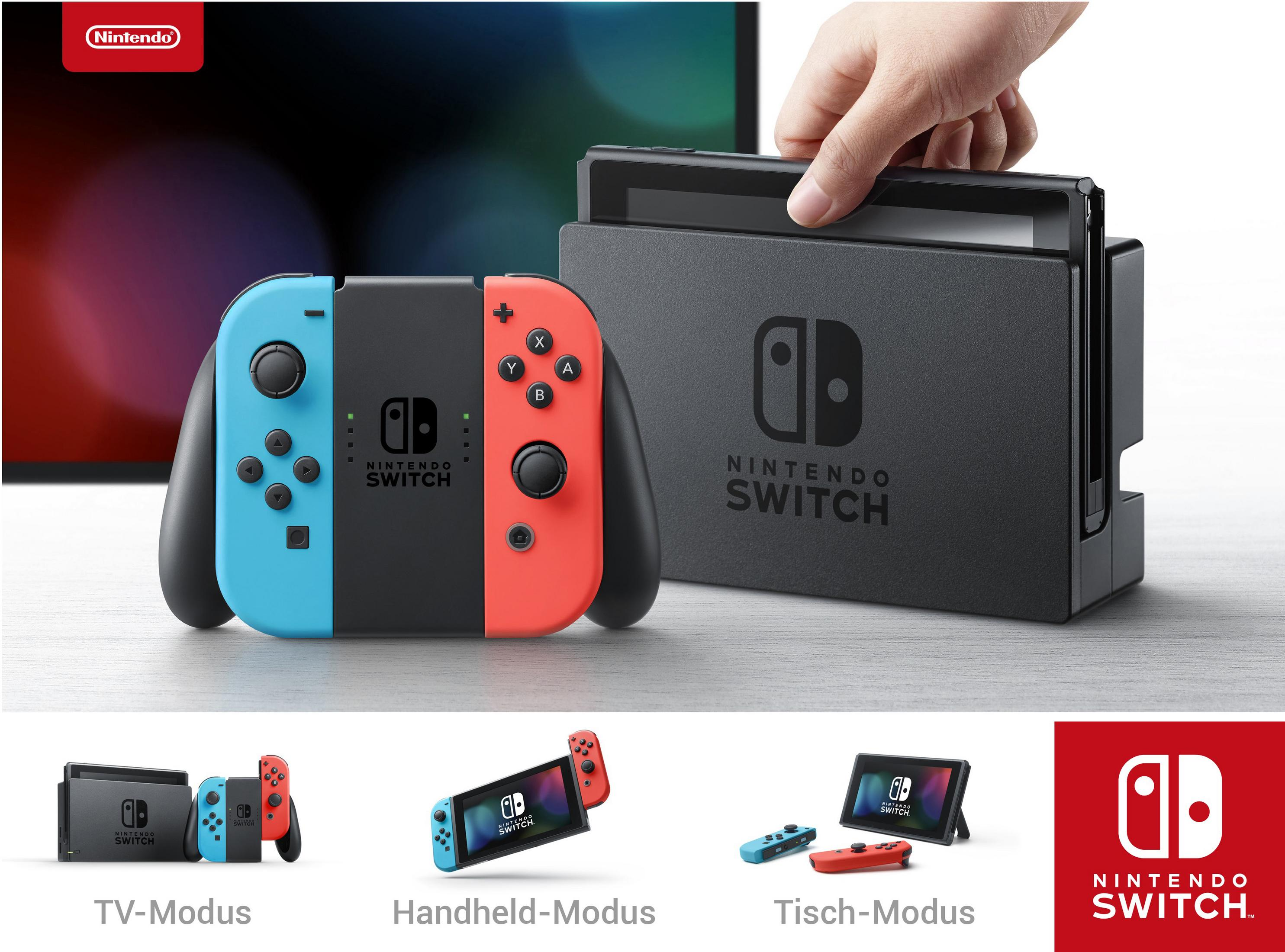 Nintendo Switch console met Joy-Cons, getoond in TV, Handheld en Tabletop modus.