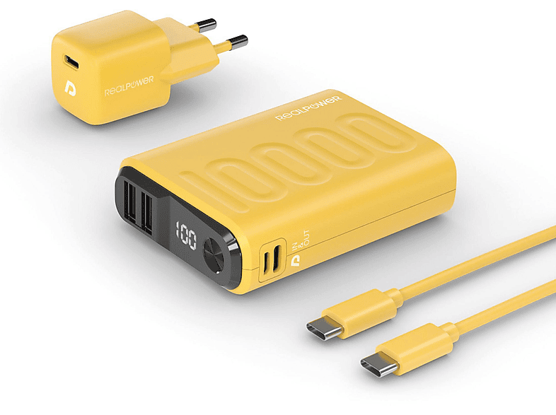REALPOWER 390659 PB-10000 POWER PACK GELB Powerbank, Netzteil und Kabel ...