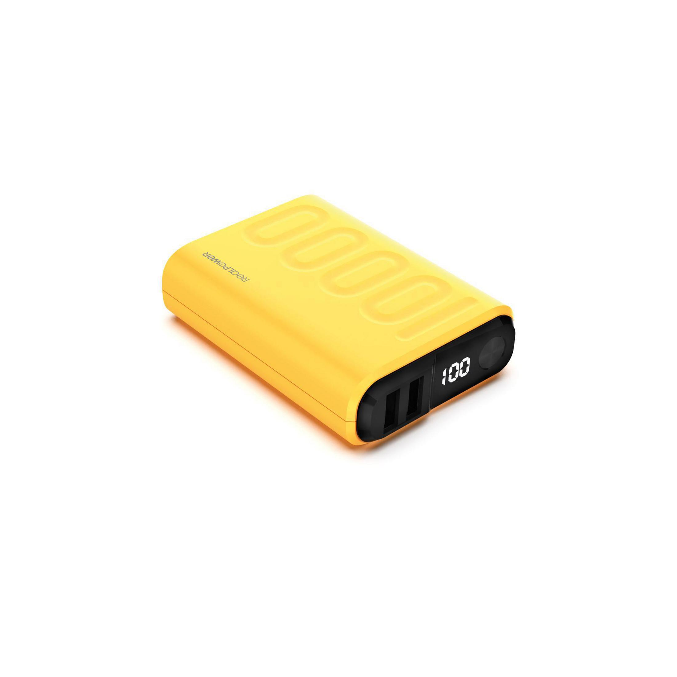Power bank giallo con display che mostra 100. Lato nero con due porte USB.