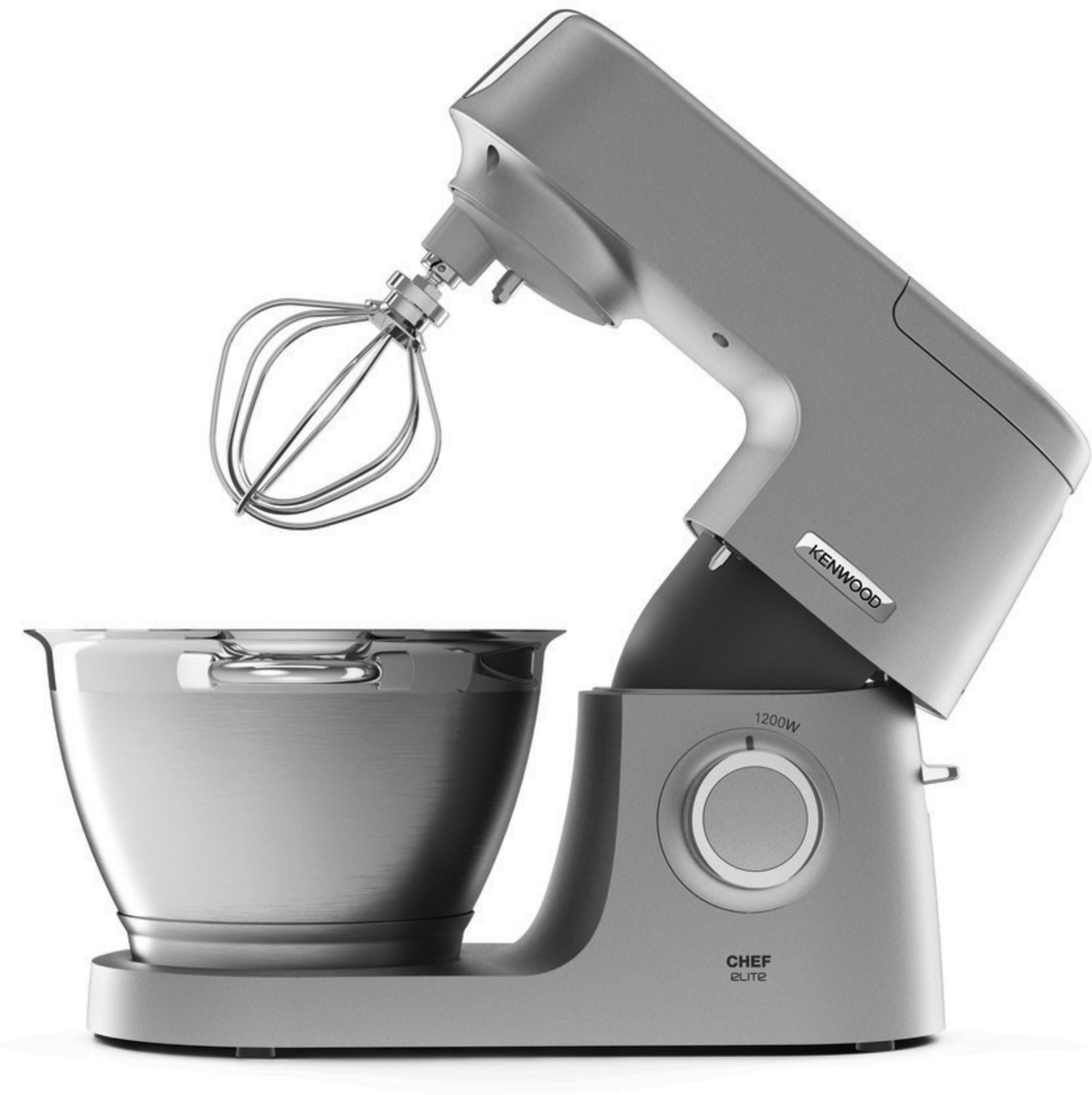 Silberner Kenwood Chef Elite Küchenmixer mit Edelstahl-Schüssel und Aufsätzen.