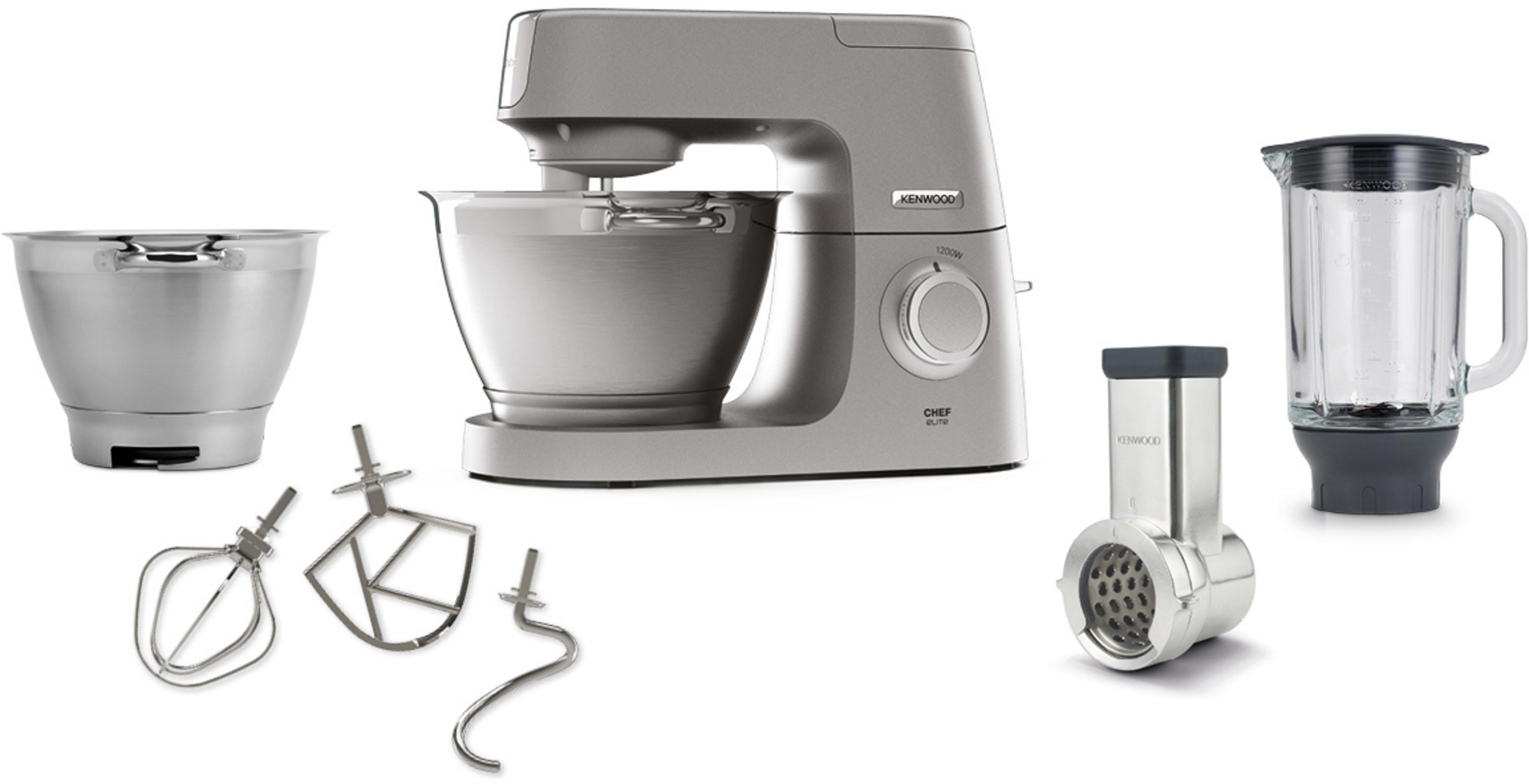 Kenwood Küchengeräte-Set: Mixer, Schüssel, Mixer, Mahlwerk und Aufsätze auf Weiß.