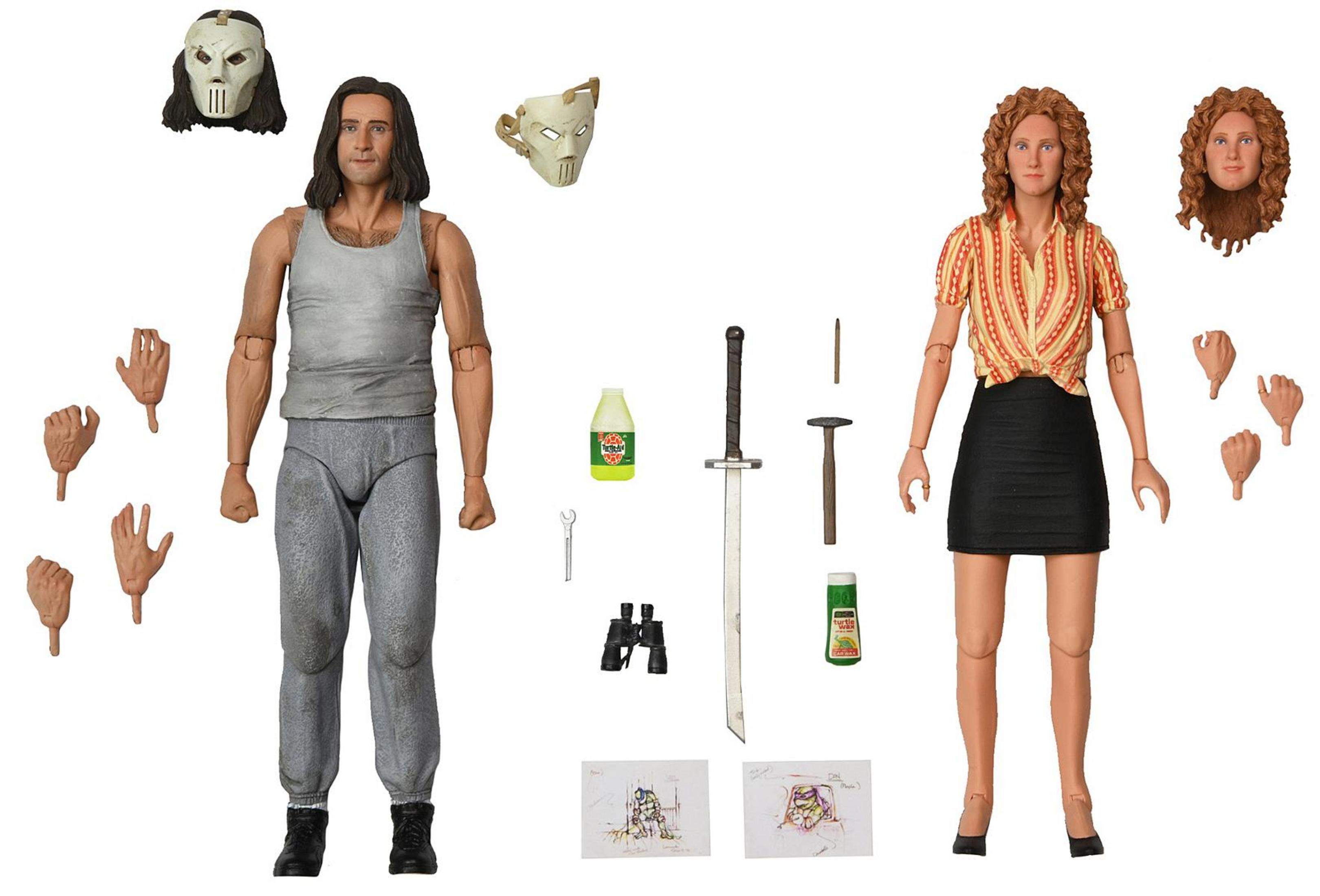 Zwei Actionfiguren mit Zubehör. Mann- und Frauenfiguren mit Extrateilen.