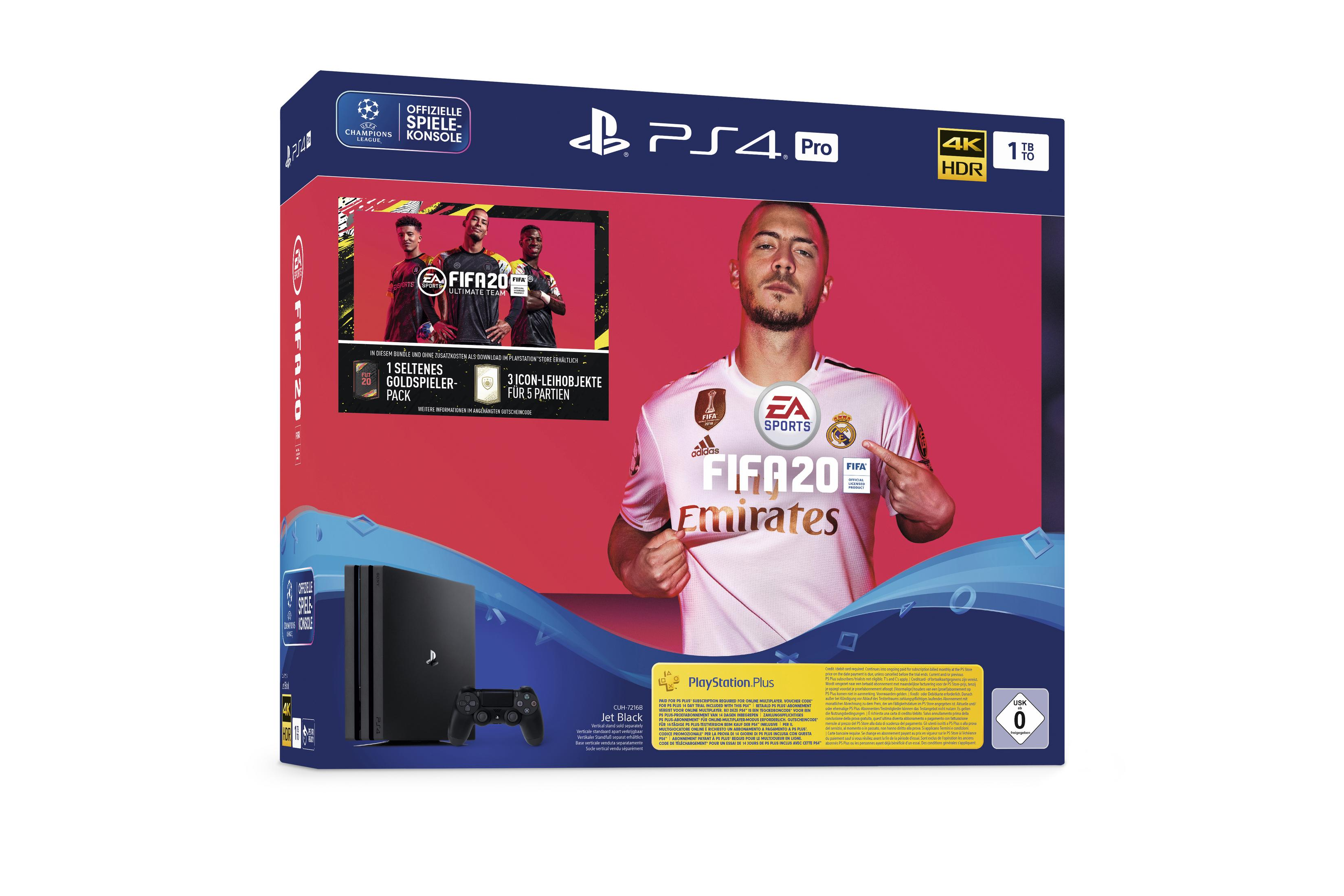 PS4 Pro Spielbox mit FIFA 20 Cover. Zeigt einen Fußballspieler und eine Spiel-Disc. Weißer Hintergrund.