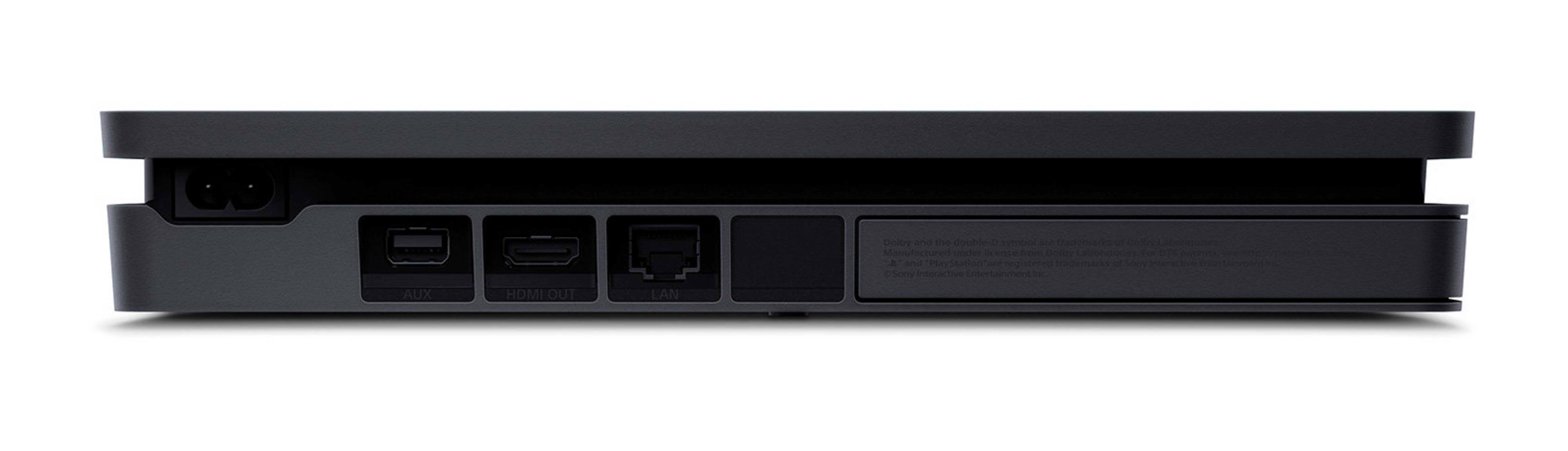 Rückseite einer schwarzen PlayStation 4. Zeigt Strom-, AUX-, HDMI-, LAN-Anschlüsse und ein Etikett.