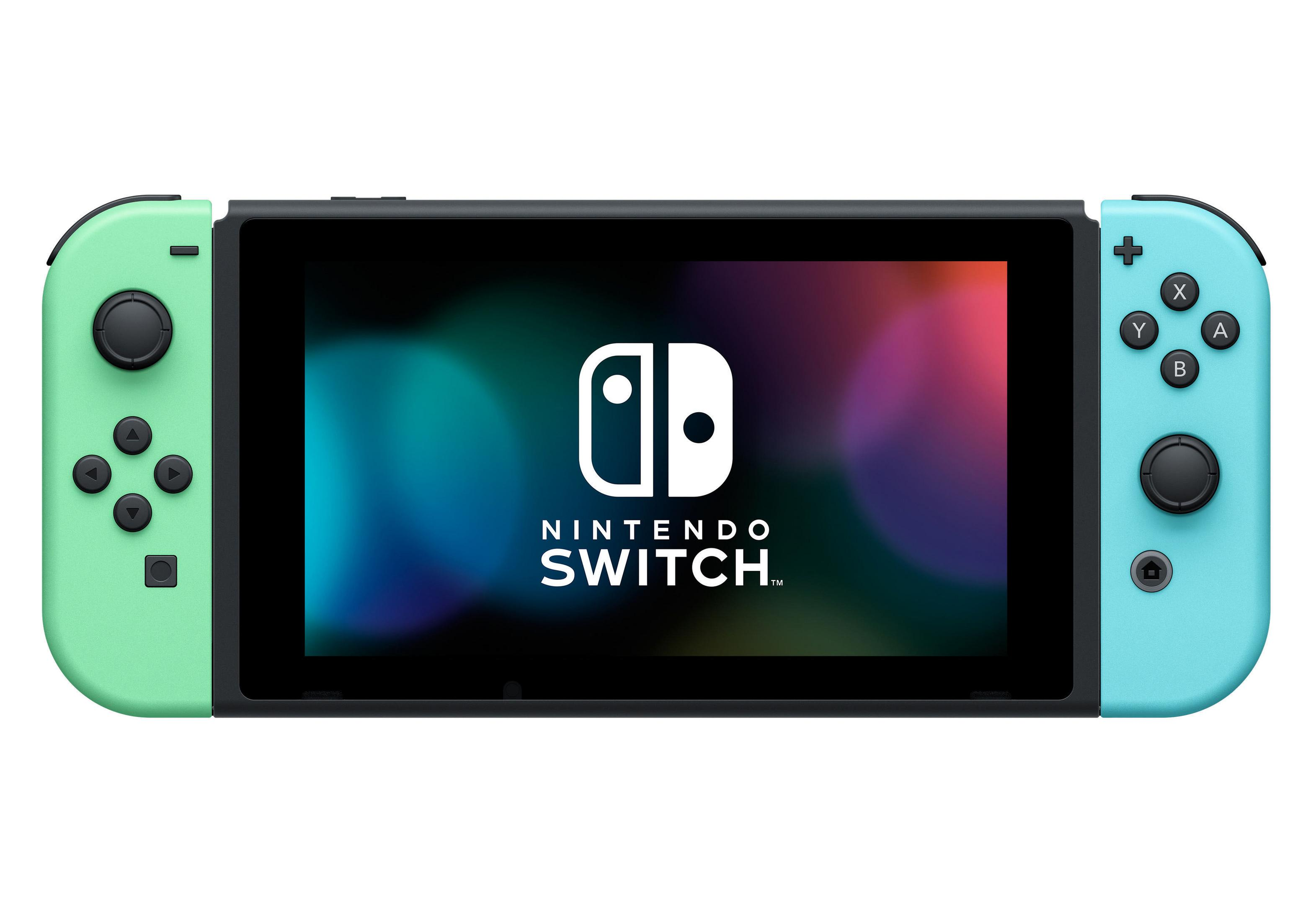 Nintendo Switch Konsole mit blauen und grünen Controllern auf weißem Hintergrund.