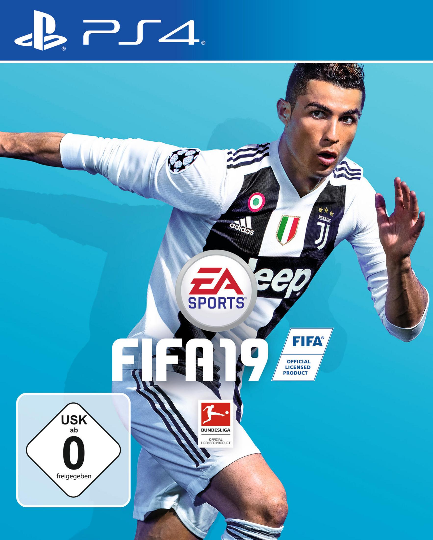 FIFA 19 PS4-Spiel-Cover mit Ronaldo auf der Vorderseite. Blauer und weißer Hintergrund.