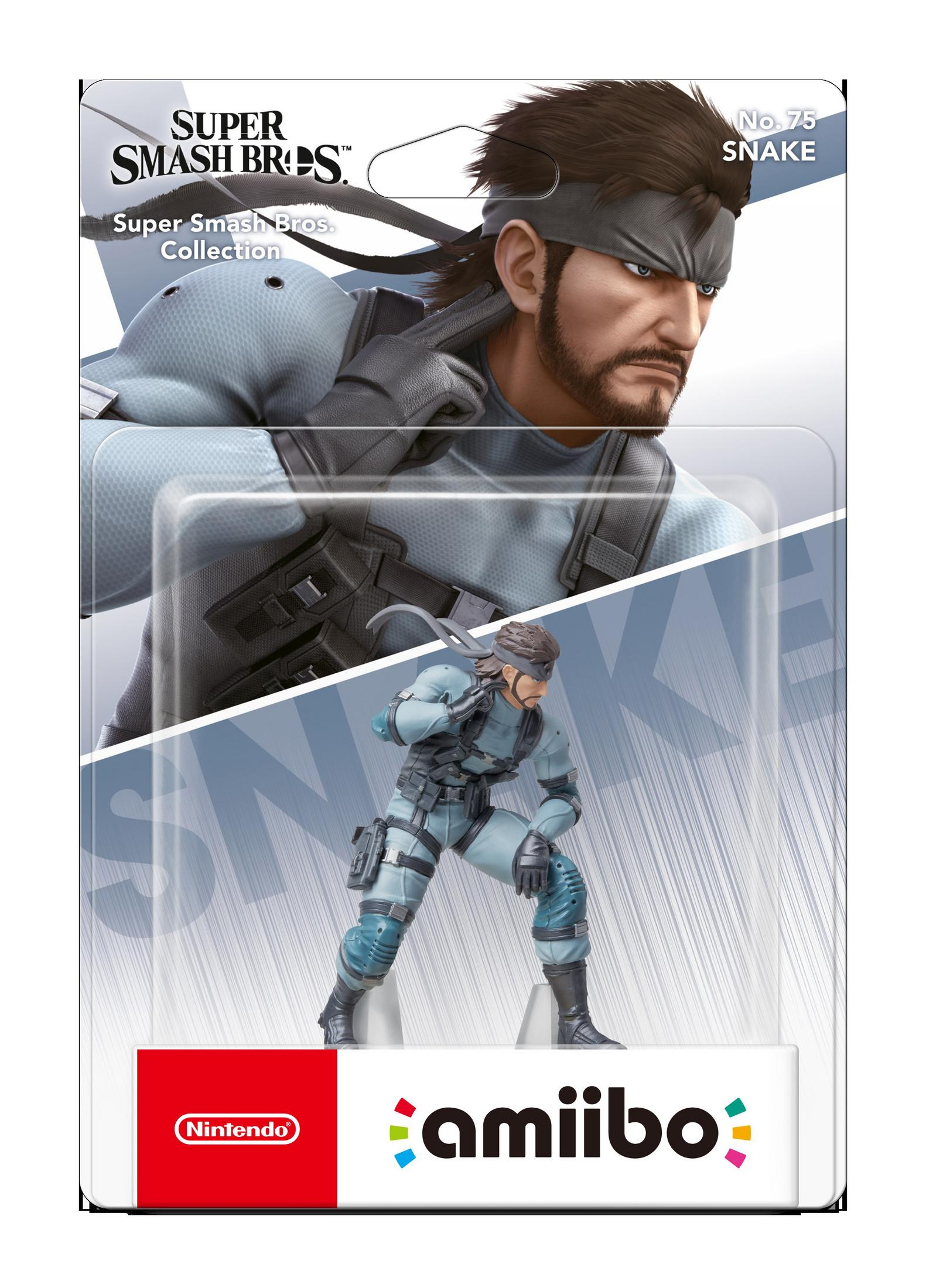 Una statuetta amiibo di Snake da Super Smash Bros, in una custodia di plastica.