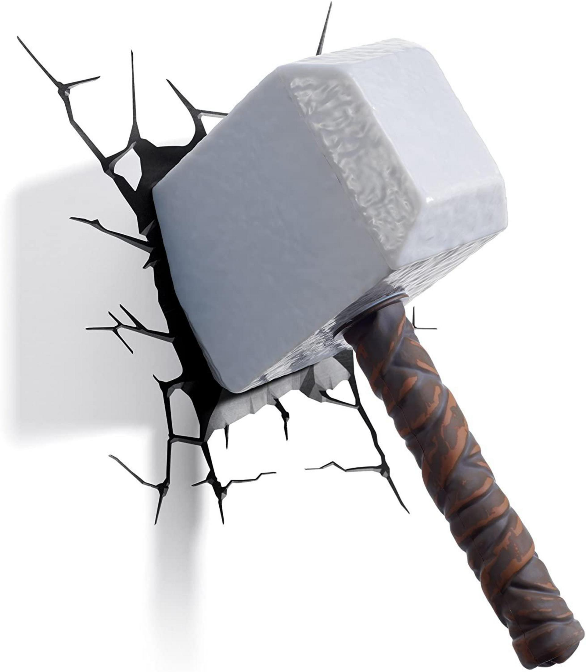 Thors Hammer durchbricht eine Wand. Grauer Kopf mit braunem Griff.