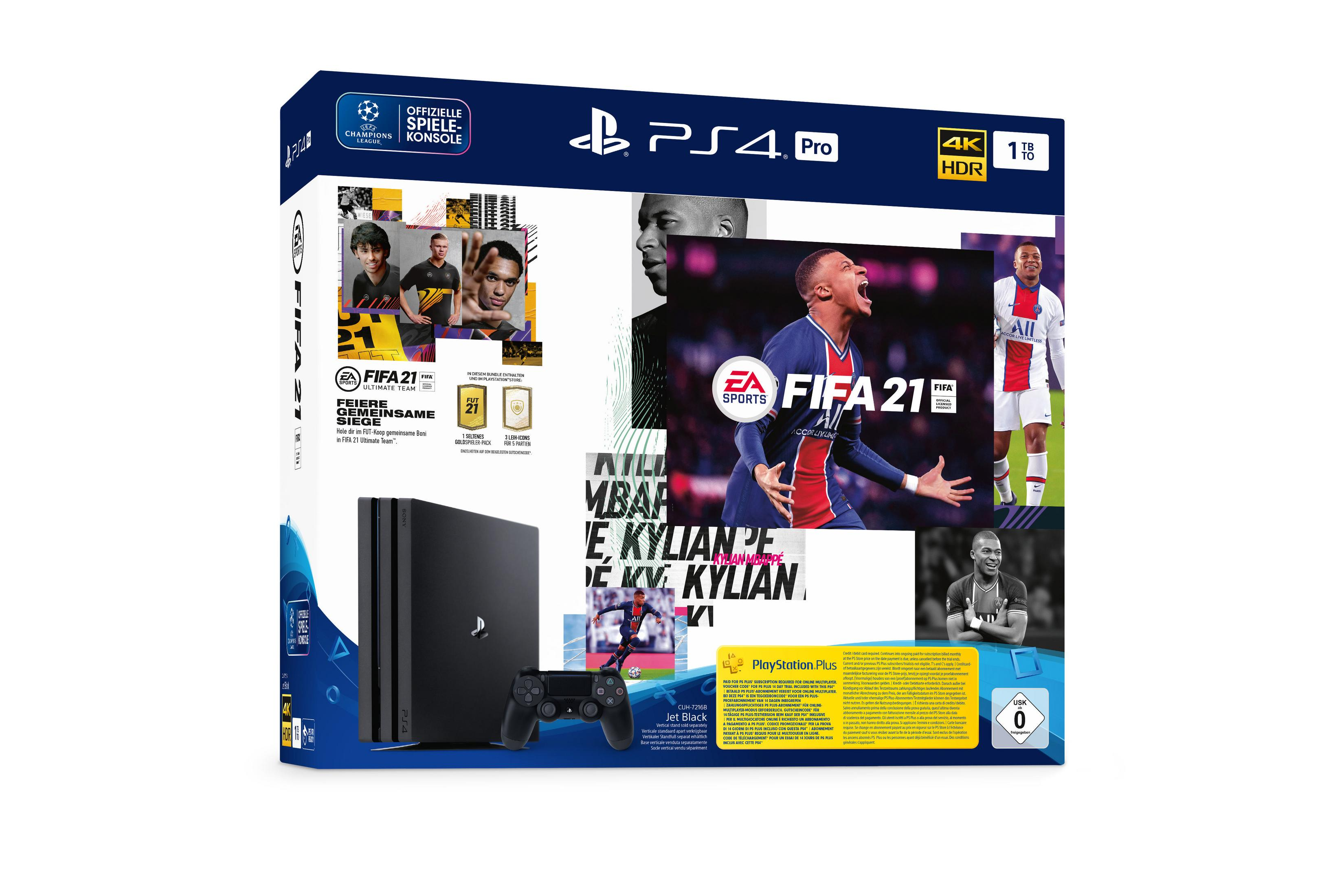 Eine PlayStation 4 Pro Box mit FIFA 21 Branding. Die Box zeigt Bilder des Spiels und der Konsole.