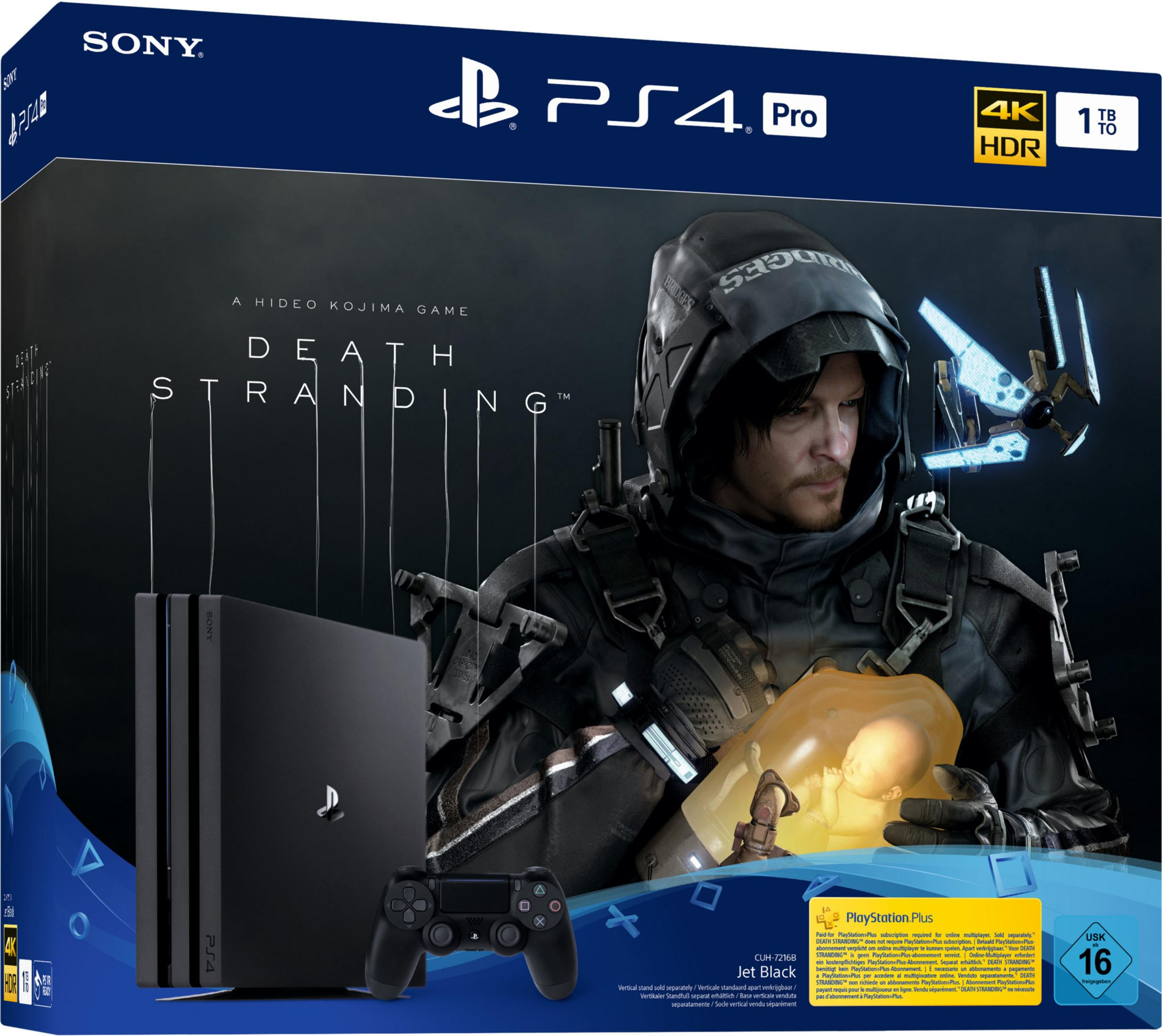 PS4 Pro Spielekonsolenbox mit Death Stranding Spielgrafik. Enthält Konsole, Controller und Spieldetails.