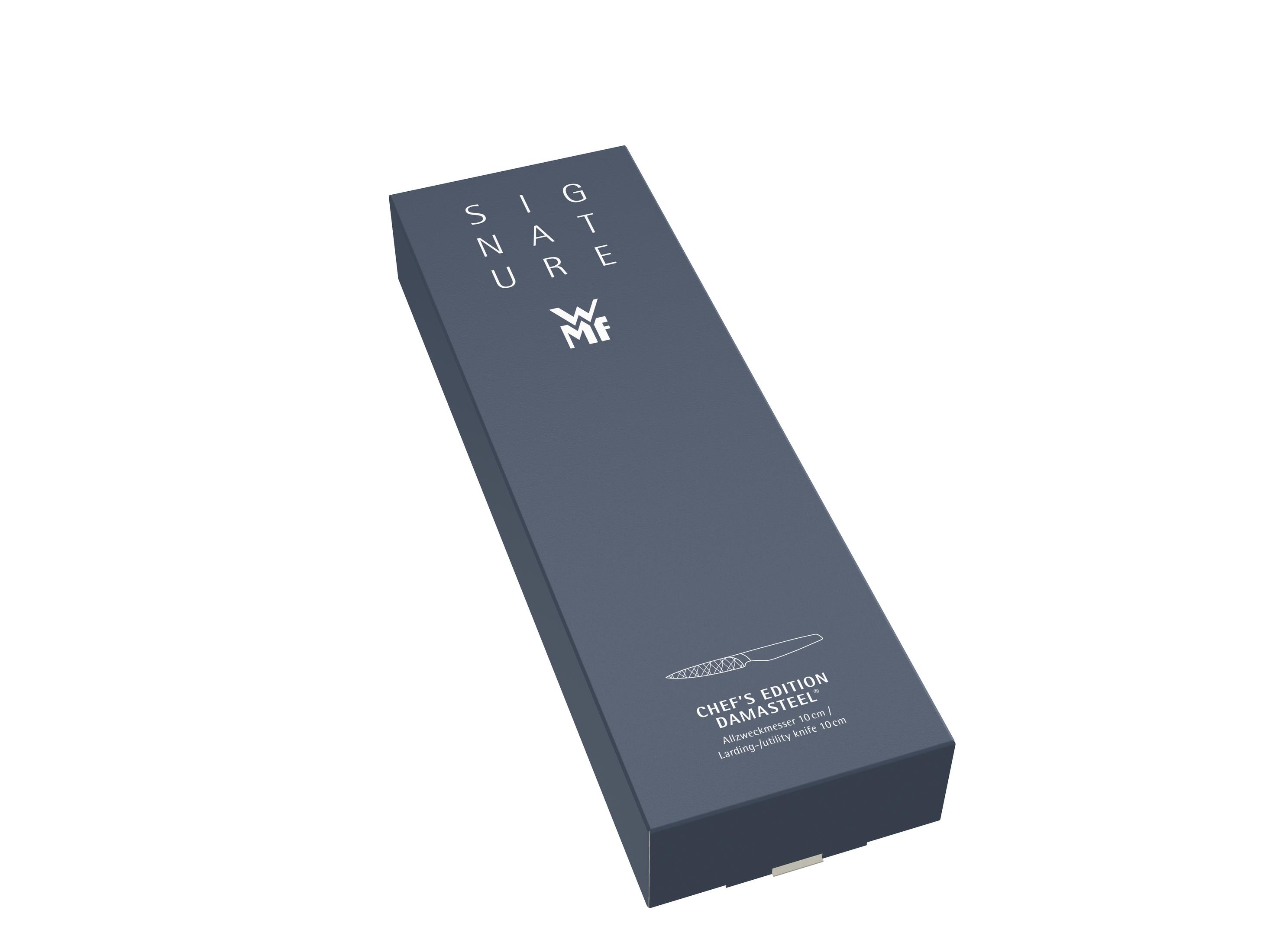 Dunkelgraue WMF-Messerkiste mit Text "SIGNATURE" und Messerillustration.