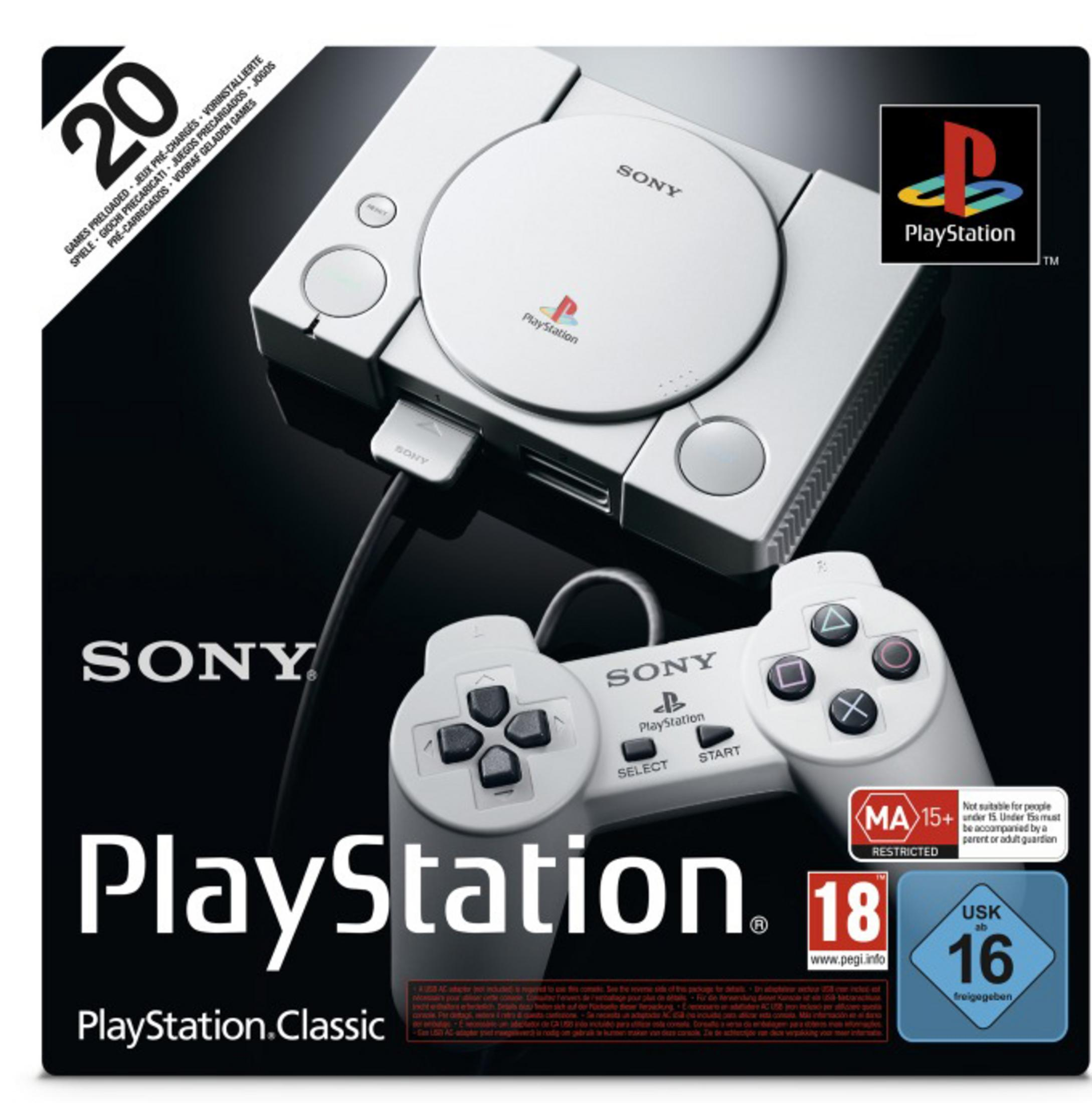 PlayStation Classic-Konsole, Controller und Box. Die Box hat das PlayStation-Logo und Text.