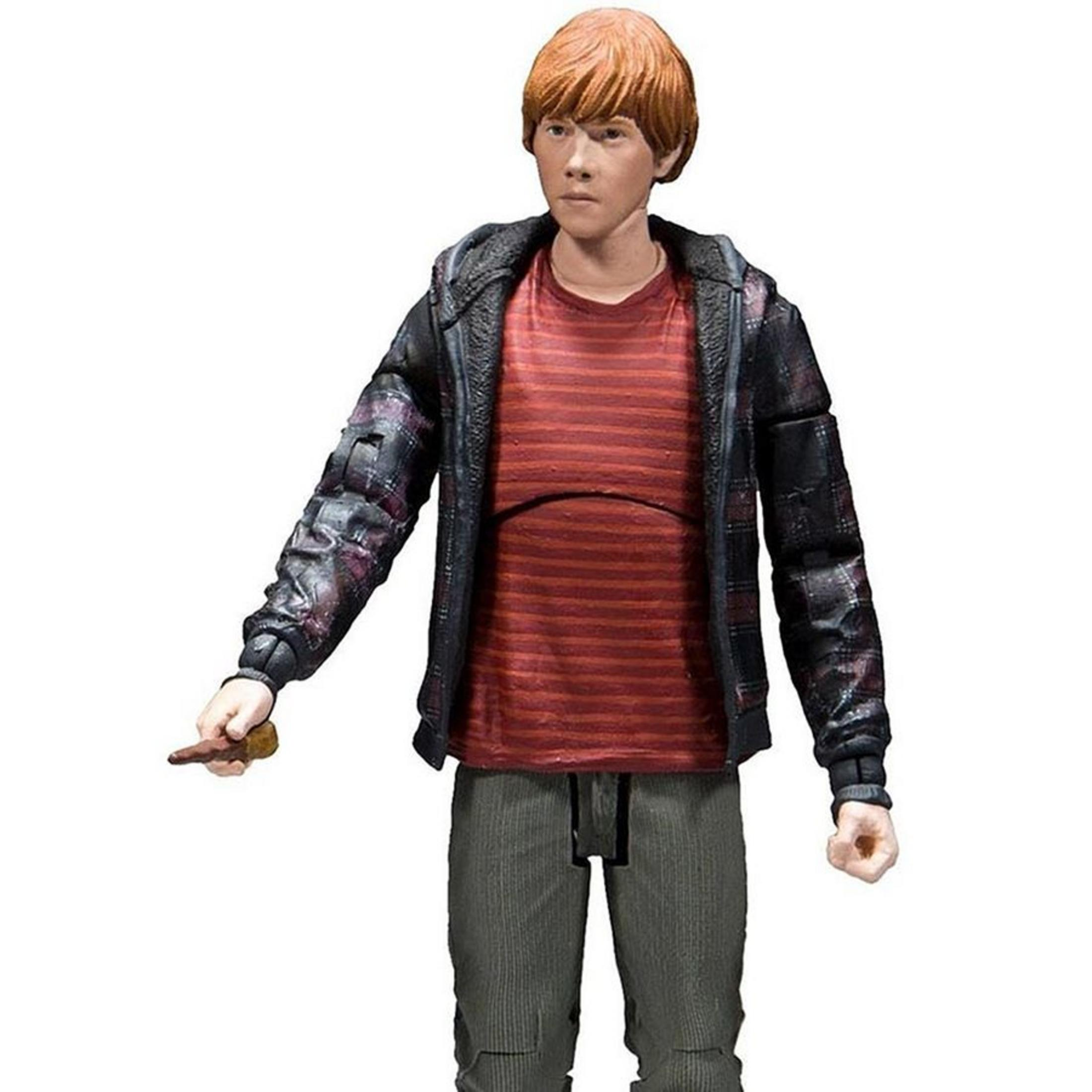 Eine Ron Weasley-Actionfigur, die einen Zauberstab hält. Er trägt ein gestreiftes Hemd und eine Jacke.