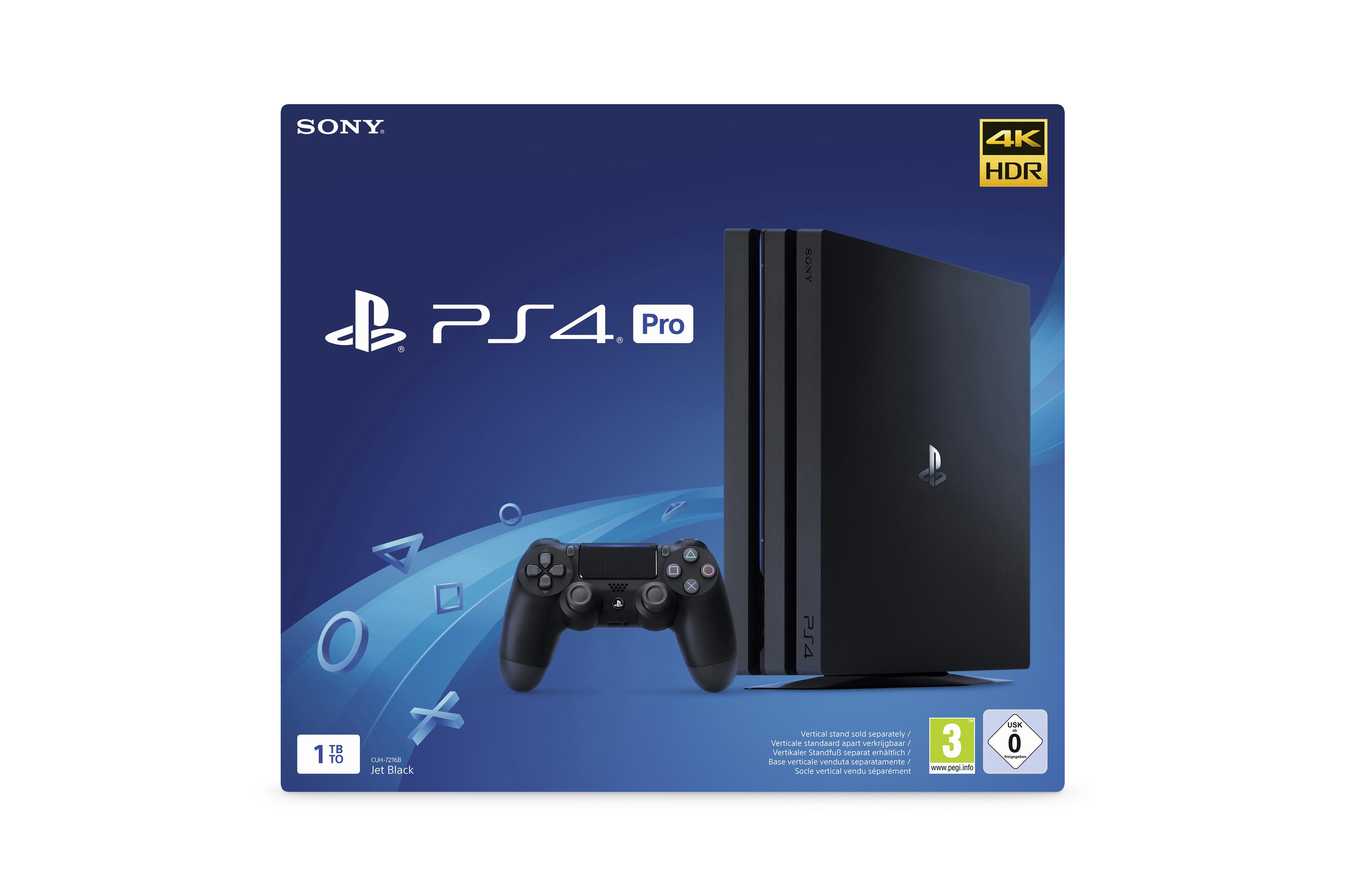 PS4 Pro boxset met een zwarte console, controller en de game. De doos heeft het Sony-logo.