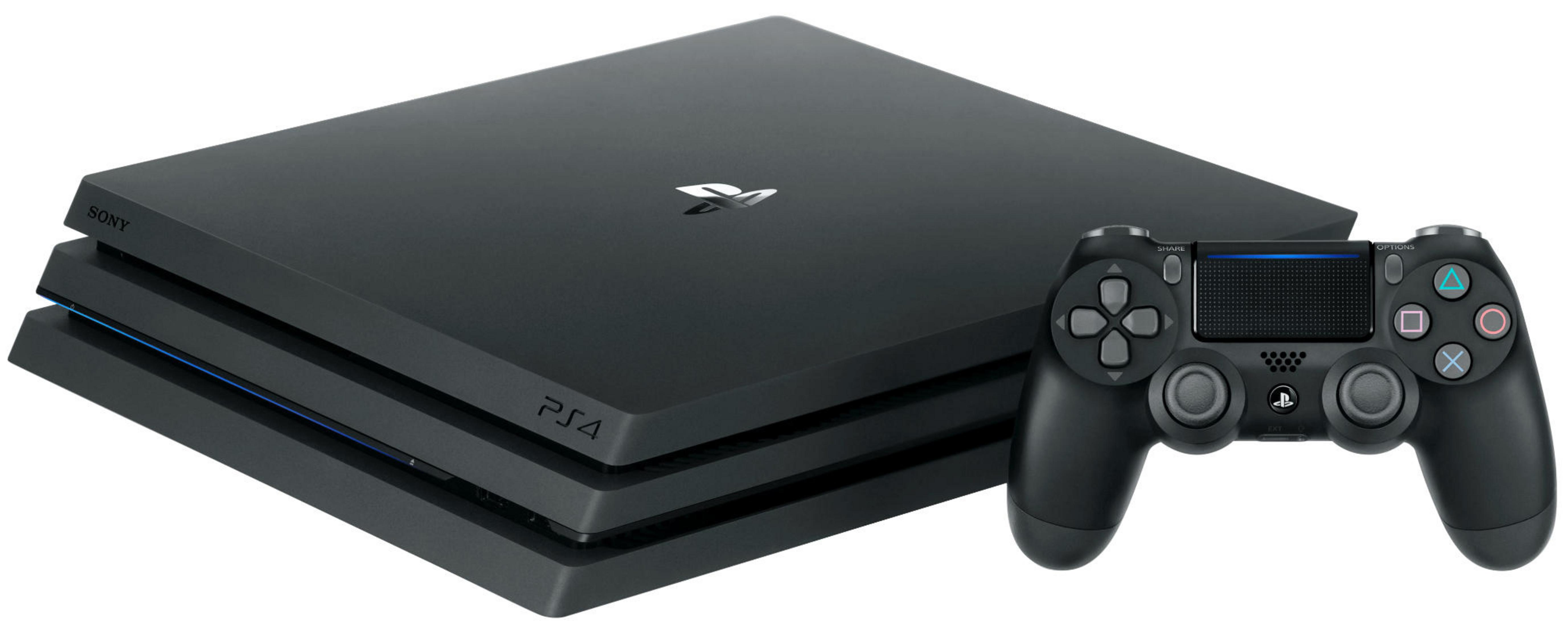 Een PS4 Pro-console met een controller. De console is zwart en de controller is zwart.