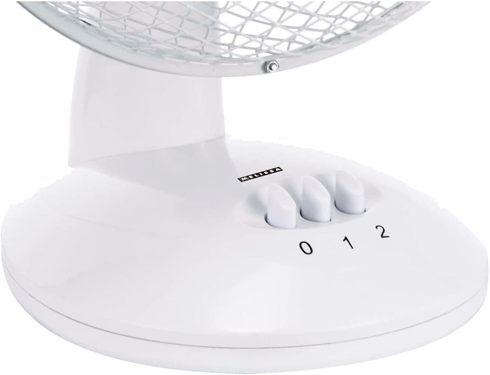 Weißer Ventilator mit den Einstellungen 0, 1, 2. Gitterfront. Marke Melissa.