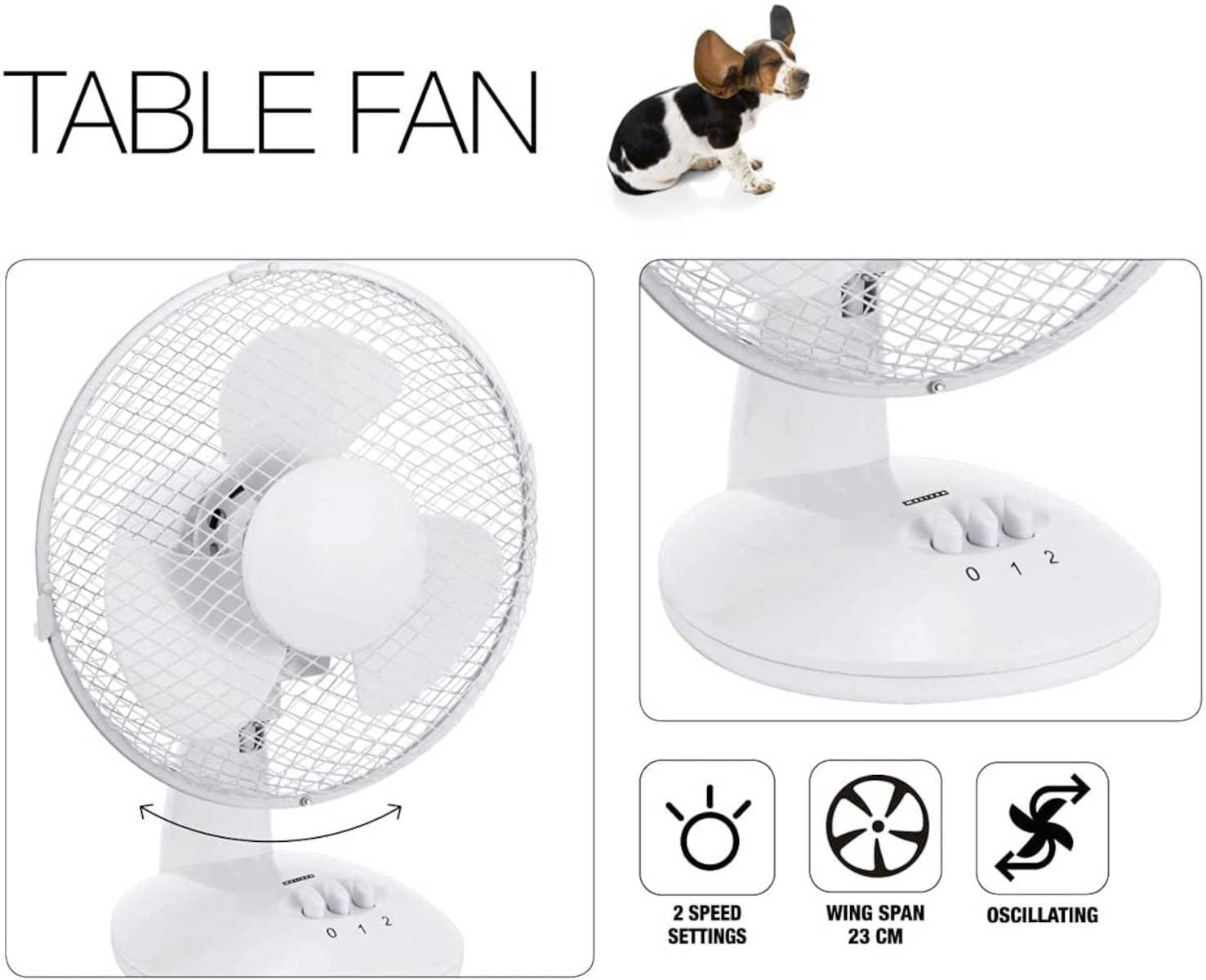 Weißer Tischventilator mit drei Flügeln, Bedienelementen und einem kleinen Hund, weißer Hintergrund.
