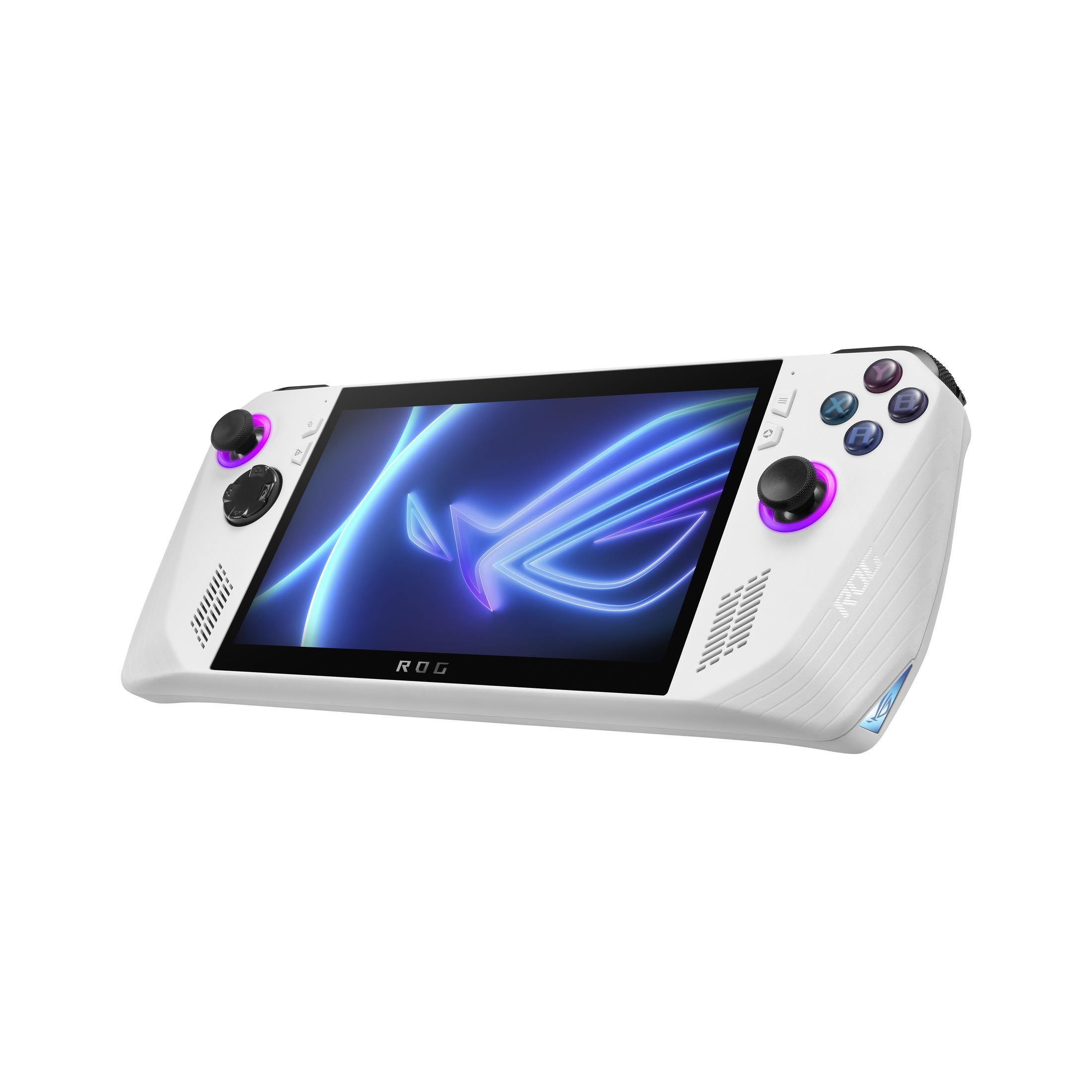Weißes Handheld-Gaming-Gerät mit Bildschirm, der eine blau-violette Grafik zeigt. Schwarze Knöpfe.