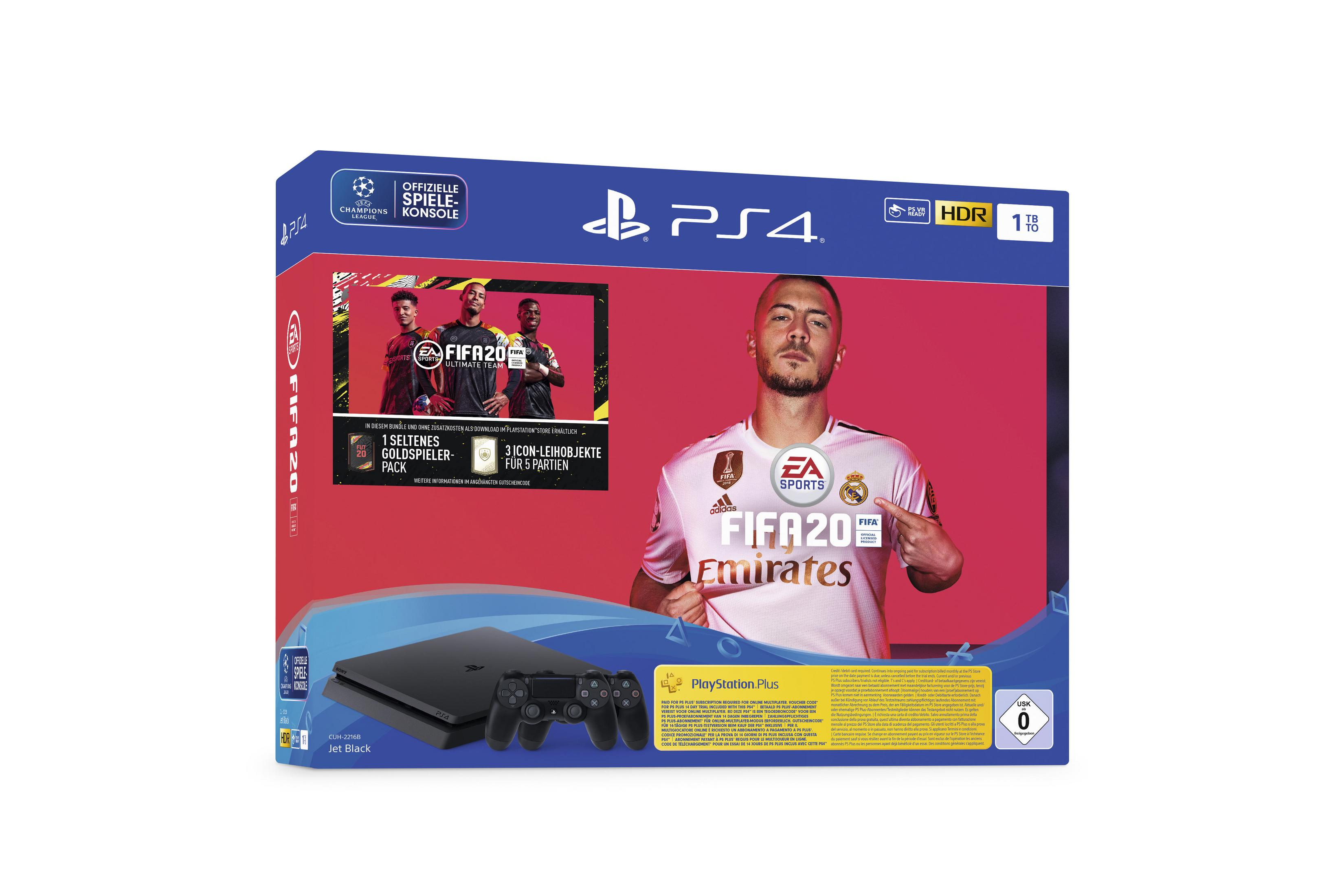 PS4-Box mit einem Fußballspieler-Bild, FIFA 20-Spiel und Konsole.