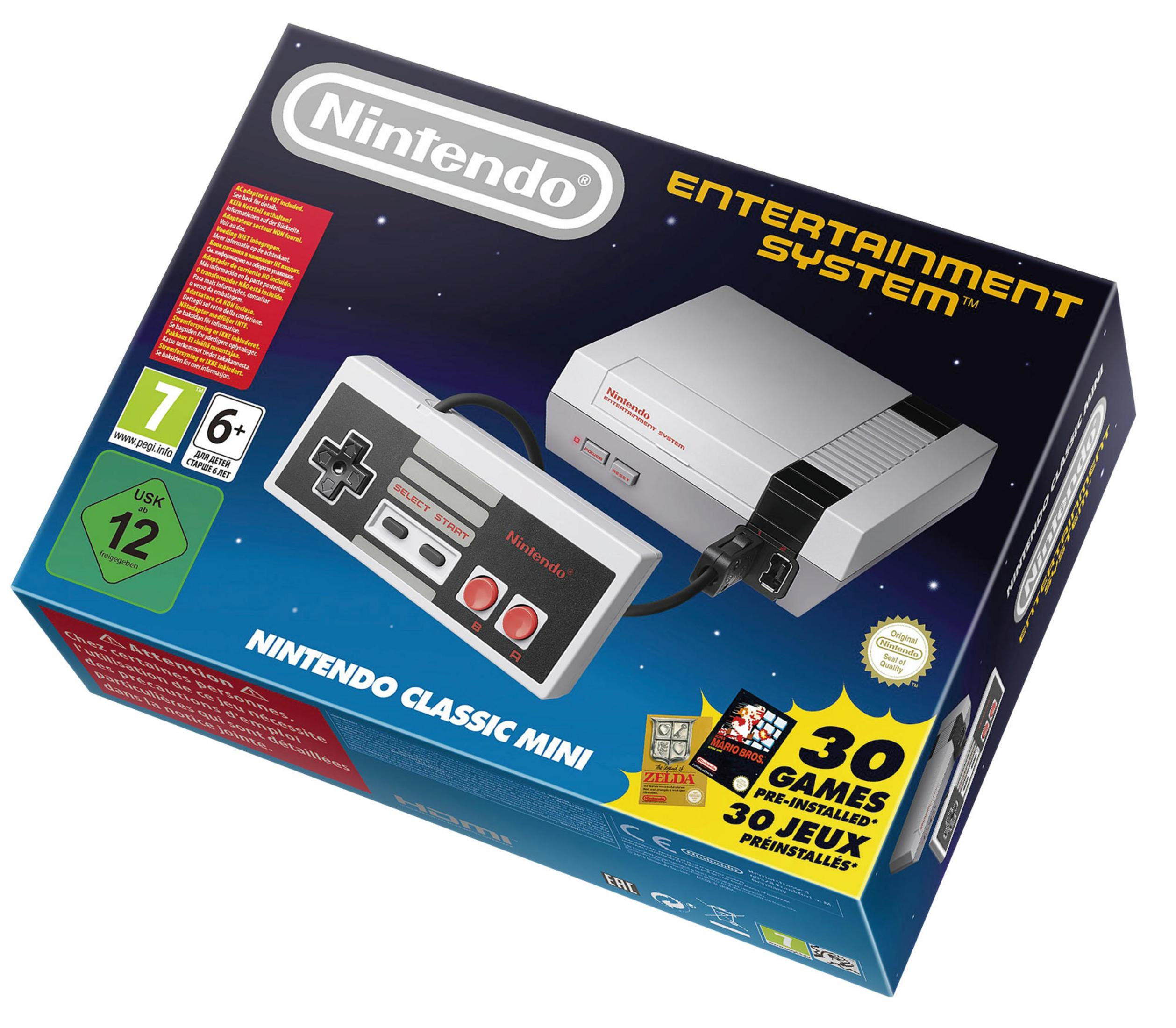 Nintendo Classic Mini Konsolenbox mit Controller. Enthält Retro-Konsole und Controller.