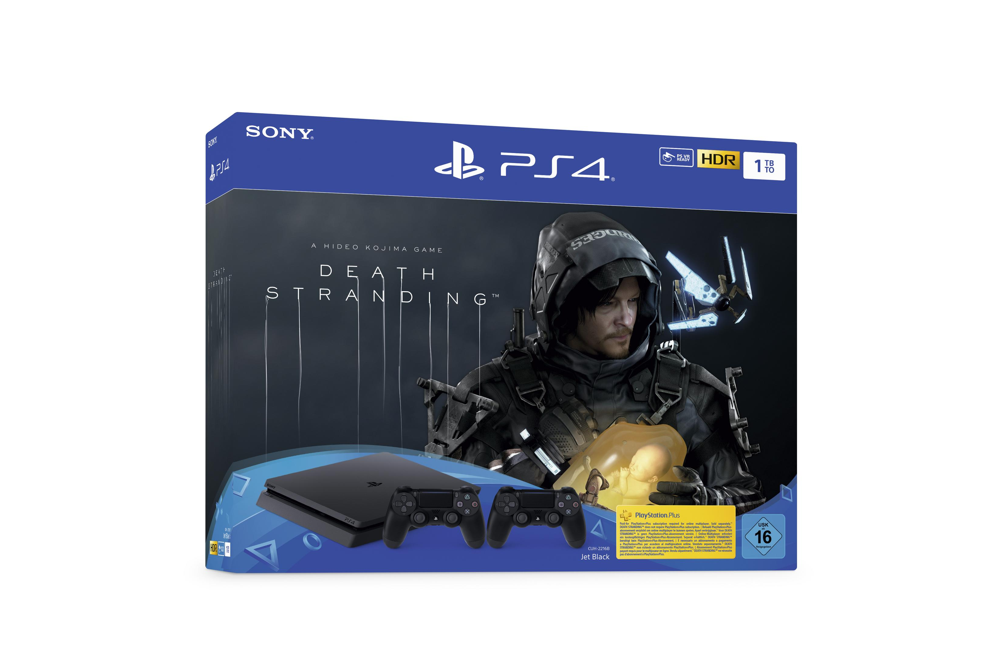 PS4 Death Stranding Spielbox. Schwarze Konsole und Controller sichtbar.