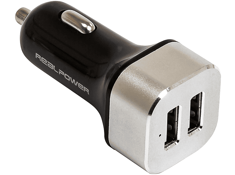 REALPOWER 176635 2-PORT USB CAR Schwarz/Silber Universal, CHARGER Kfz-Ladegerät